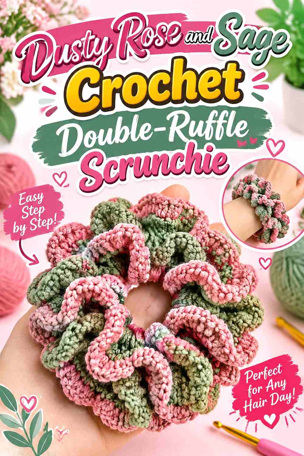 6. Dusty Rose And Sage Crochet Double Ruffle Scrunchie