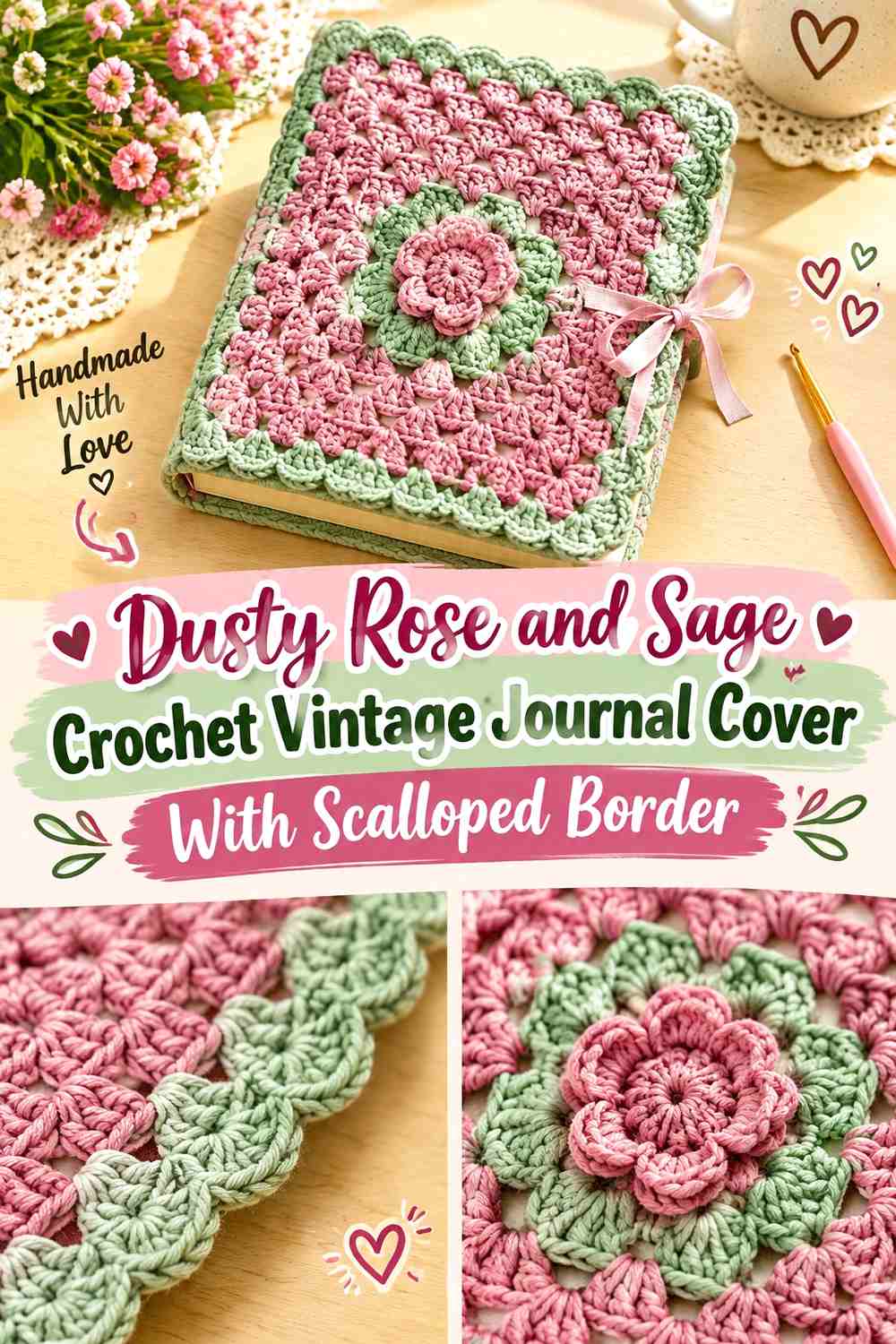 Dusty Rose and Sage Crochet Vintage Journal Cover With Scalloped Border