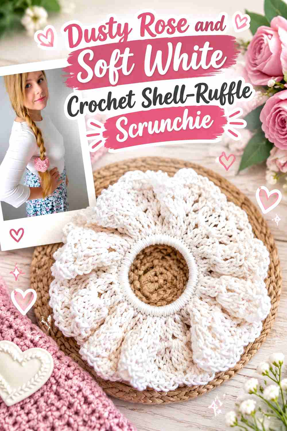 11. Dusty Rose And Soft White Crochet Shell Ruffle Scrunchie