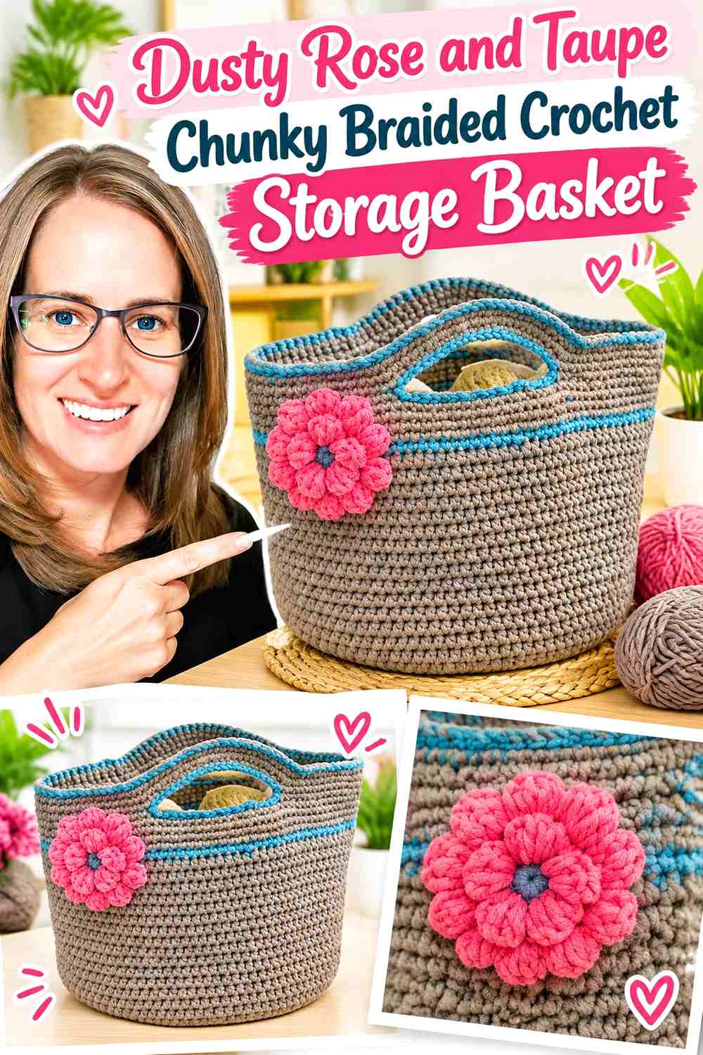 Dusty Rose and Taupe Chunky Braided Crochet Storage Basket