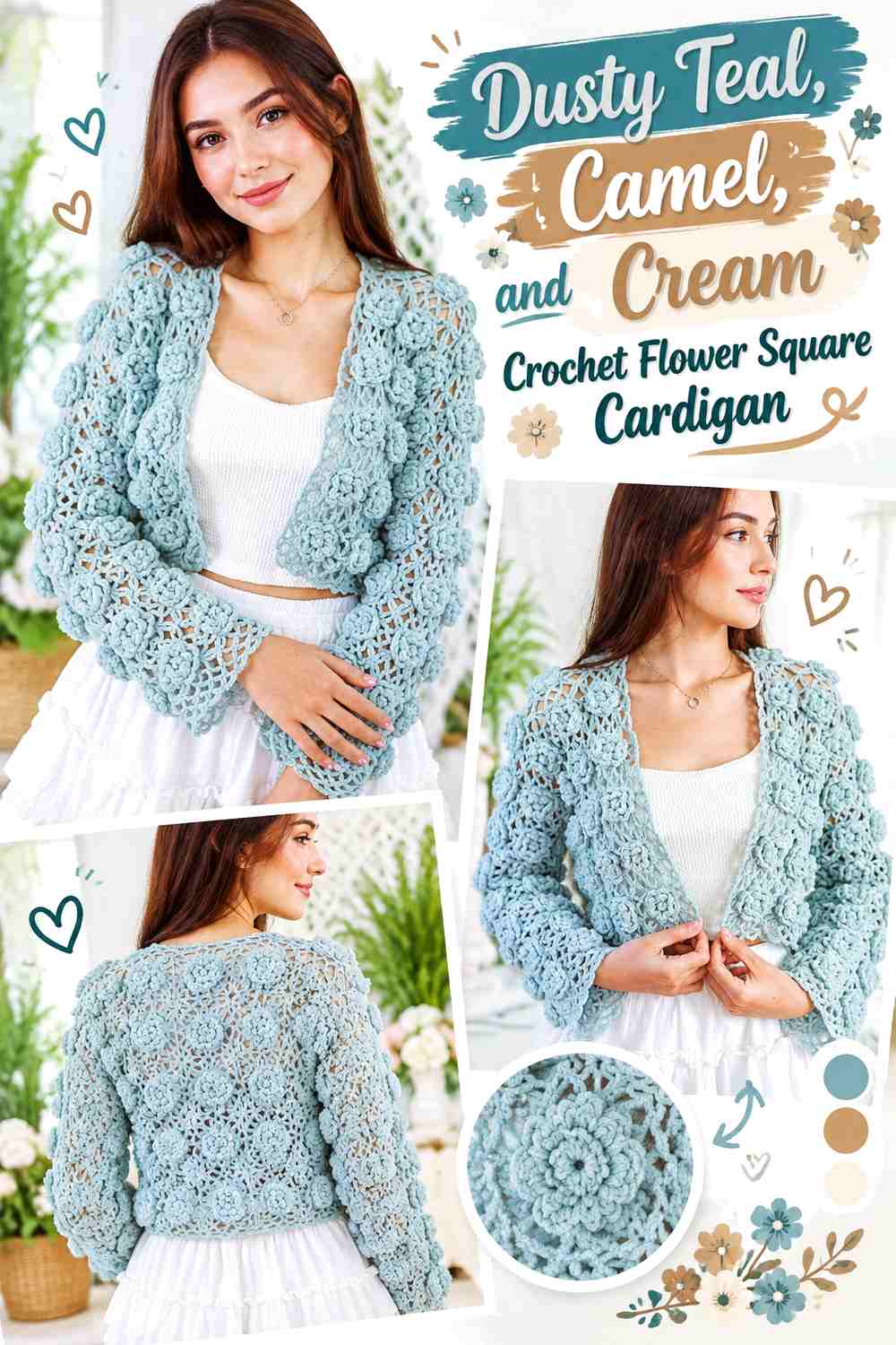 Dusty Teal, Camel, and Cream Crochet Flower Square Cardigan