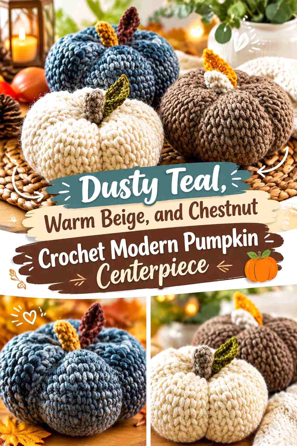 Dusty Teal, Warm Beige, and Chestnut Crochet Modern Pumpkin Centerpiece