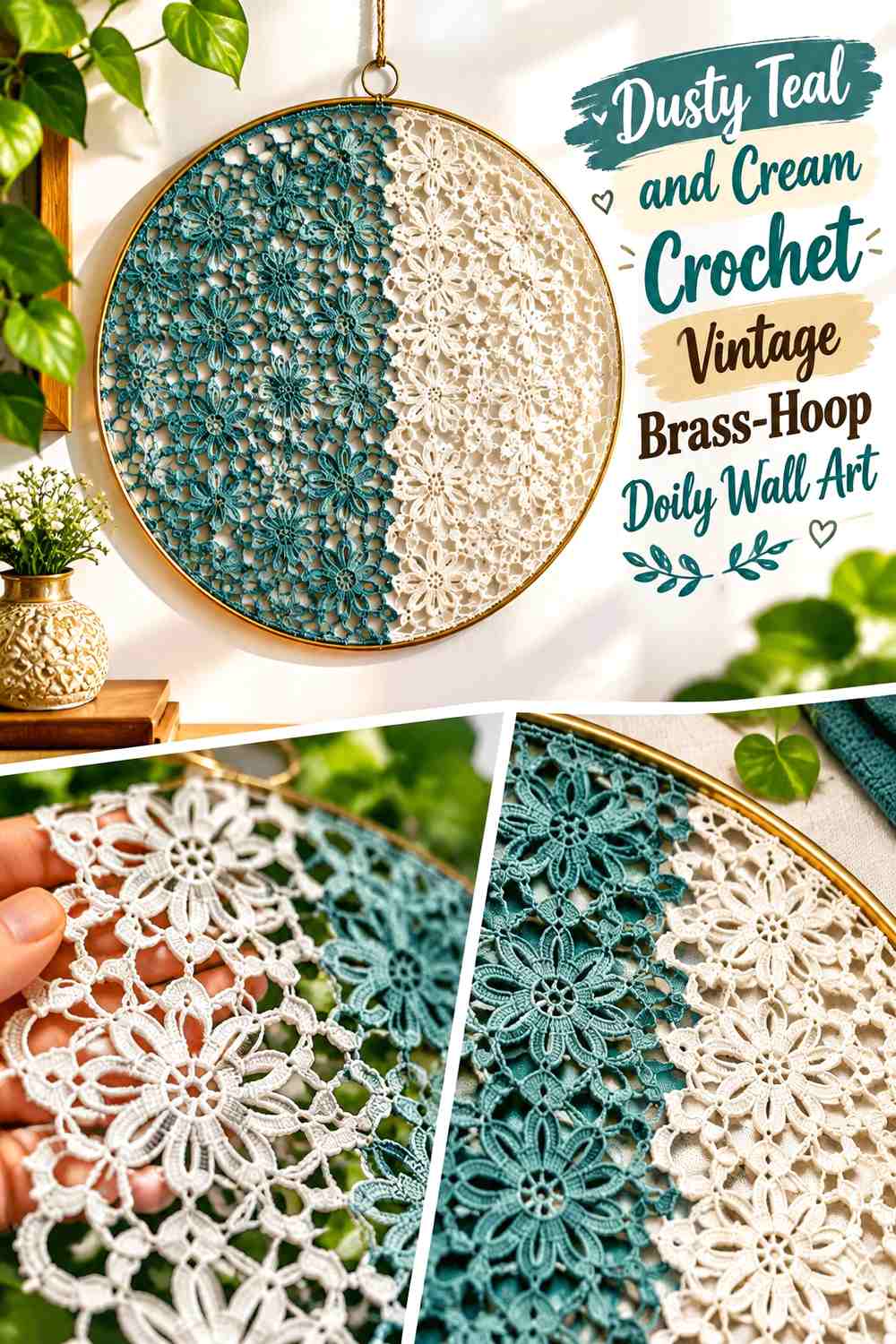 Dusty Teal and Cream Crochet Vintage Brass-Hoop Doily Wall Art