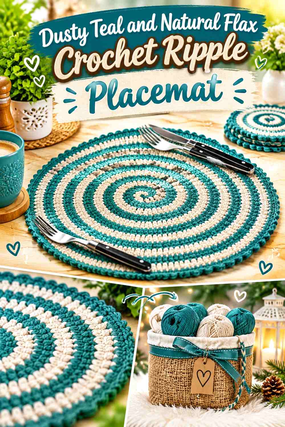 Dusty Teal and Natural Flax Crochet Ripple Placemat