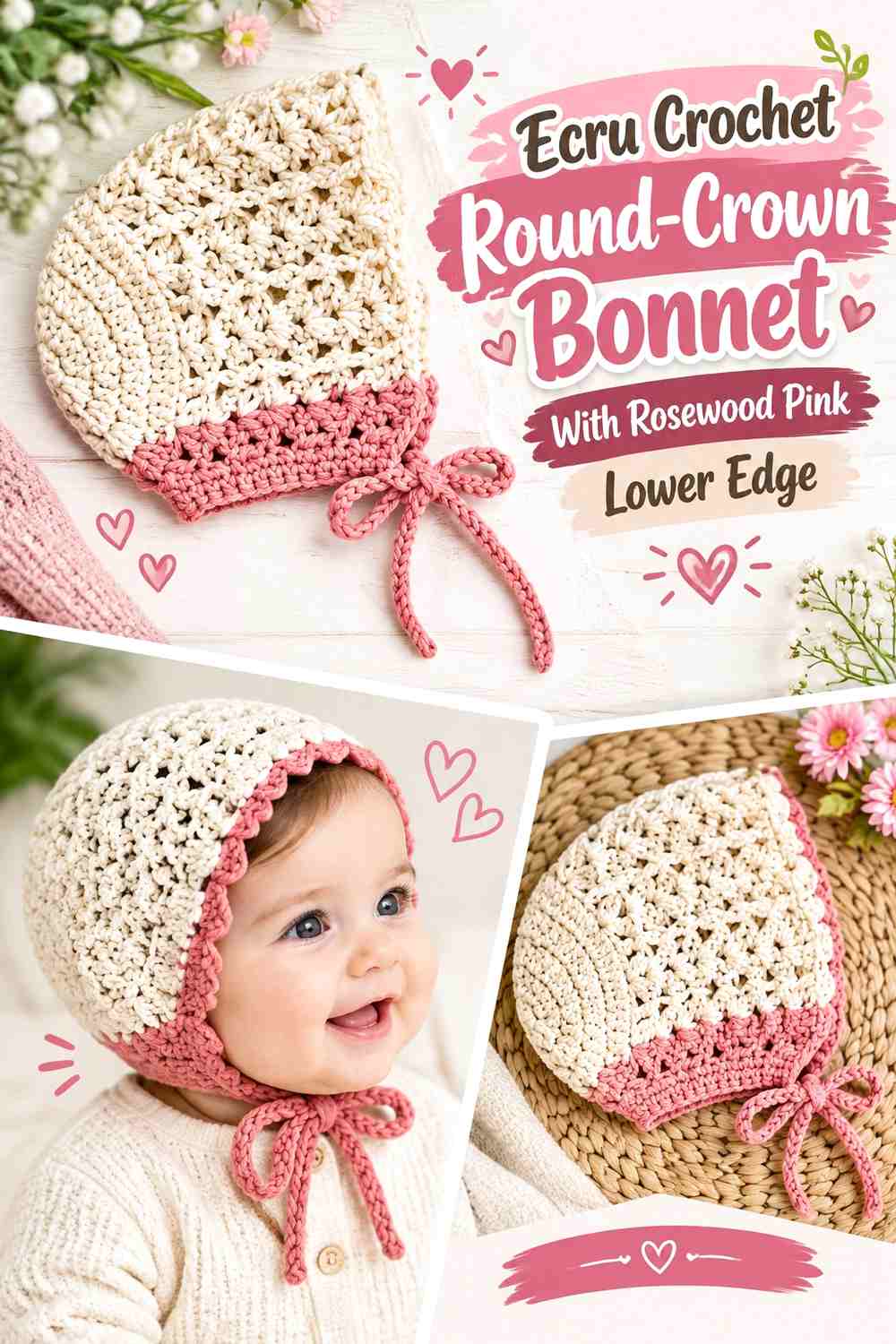 Ecru Crochet Round-Crown Bonnet With Rosewood Pink Lower Edge