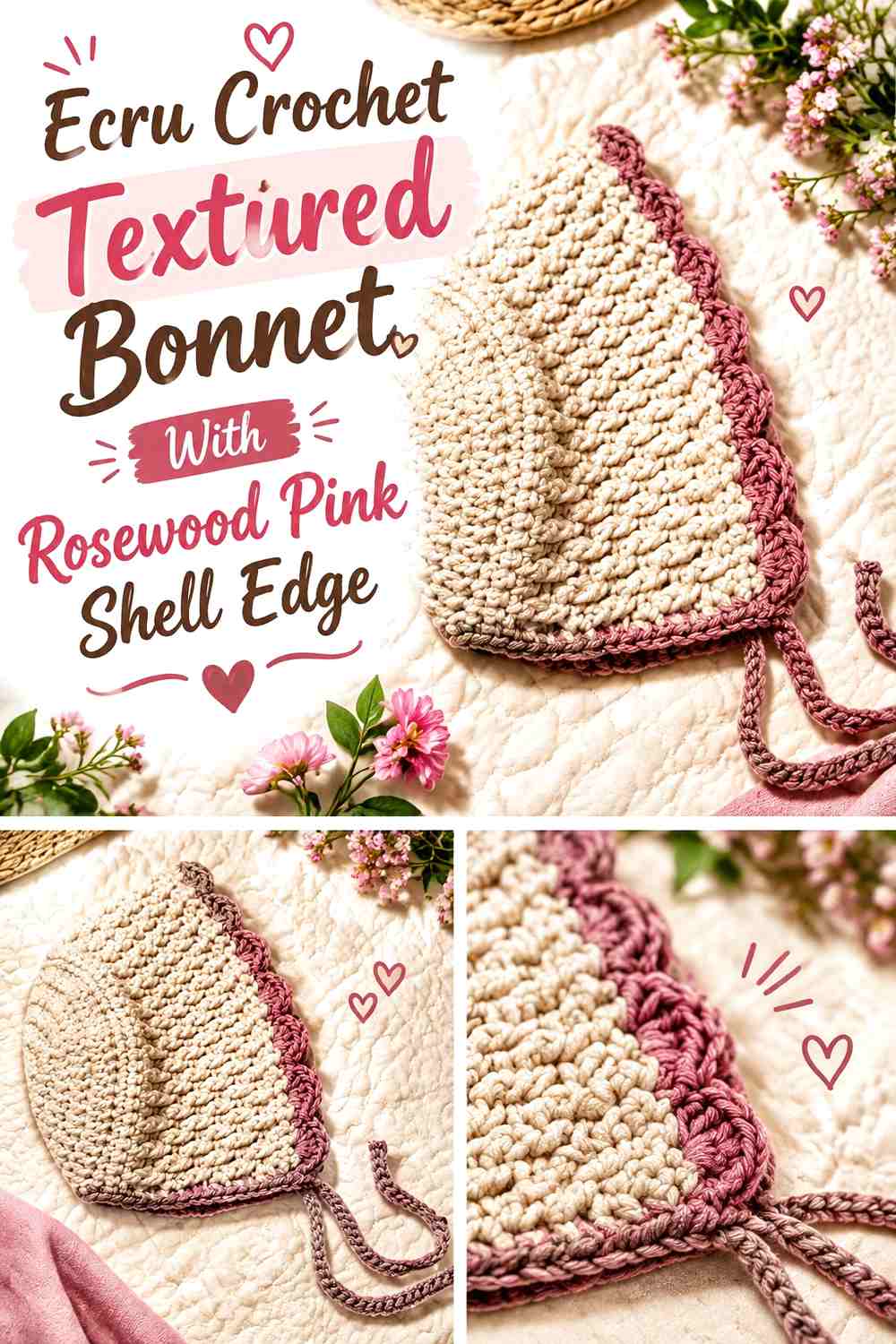 Ecru Crochet Textured Bonnet With Rosewood Pink Shell Edge