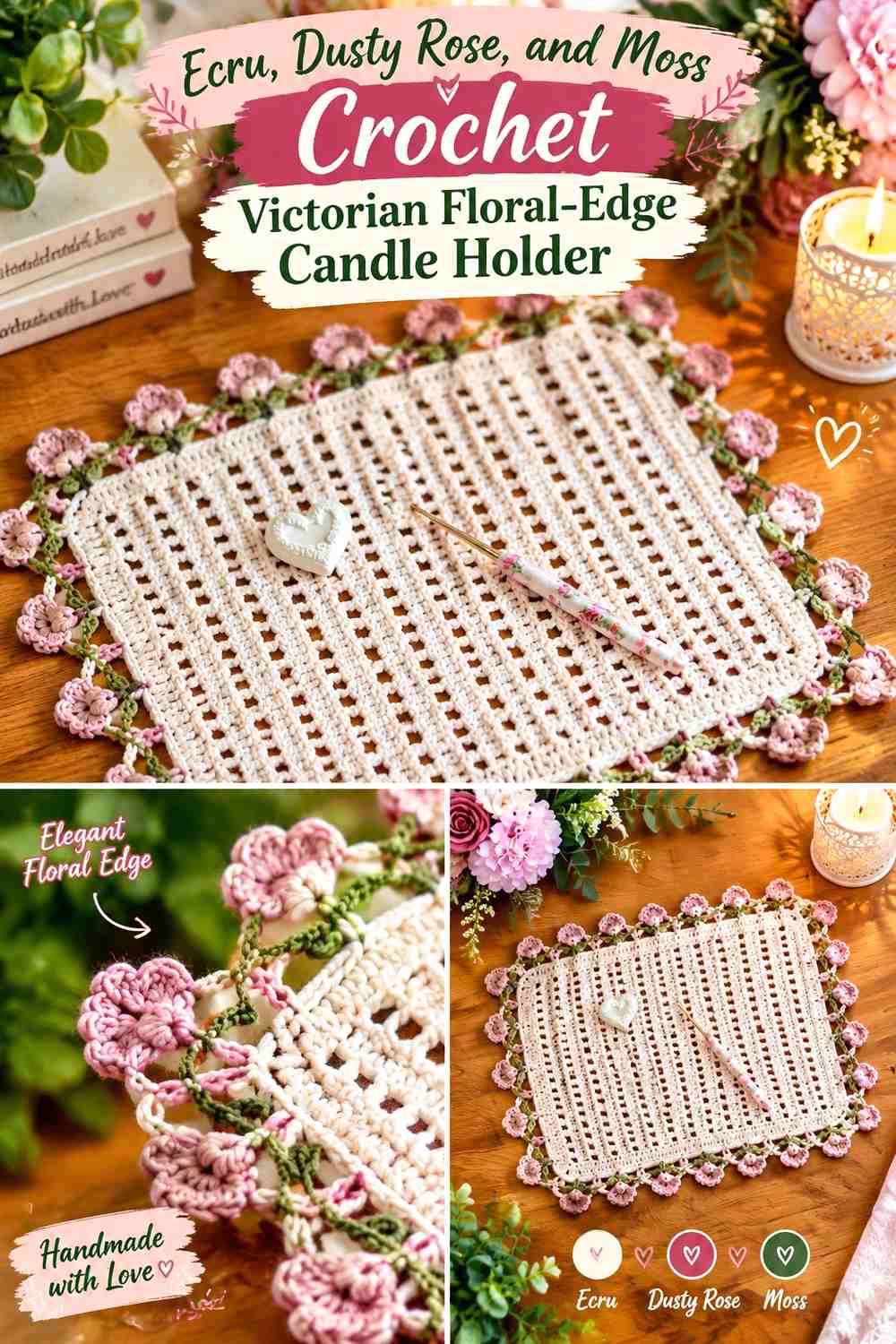 Ecru, Dusty Rose, and Moss Crochet Victorian Floral-Edge Candle Holder