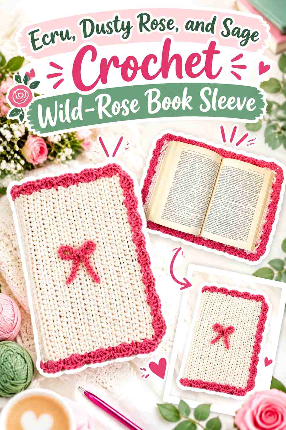 Ecru, Dusty Rose, and Sage Crochet Wild-Rose Book Sleeve