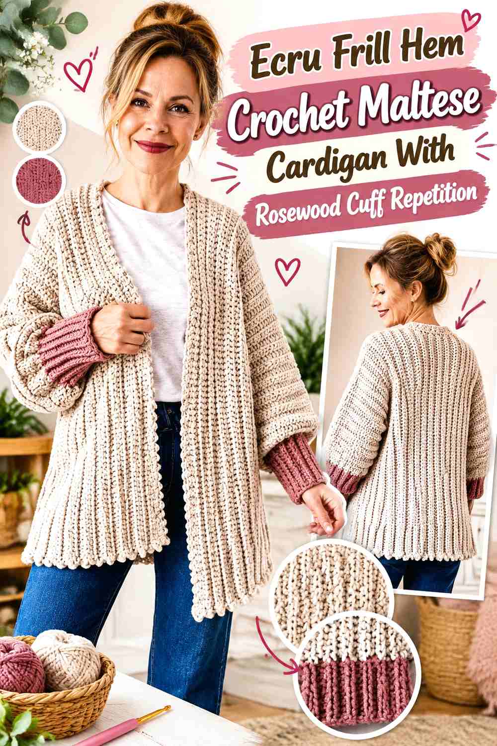 Ecru Frill Hem Crochet Maltese Cardigan With Rosewood Cuff Repetition