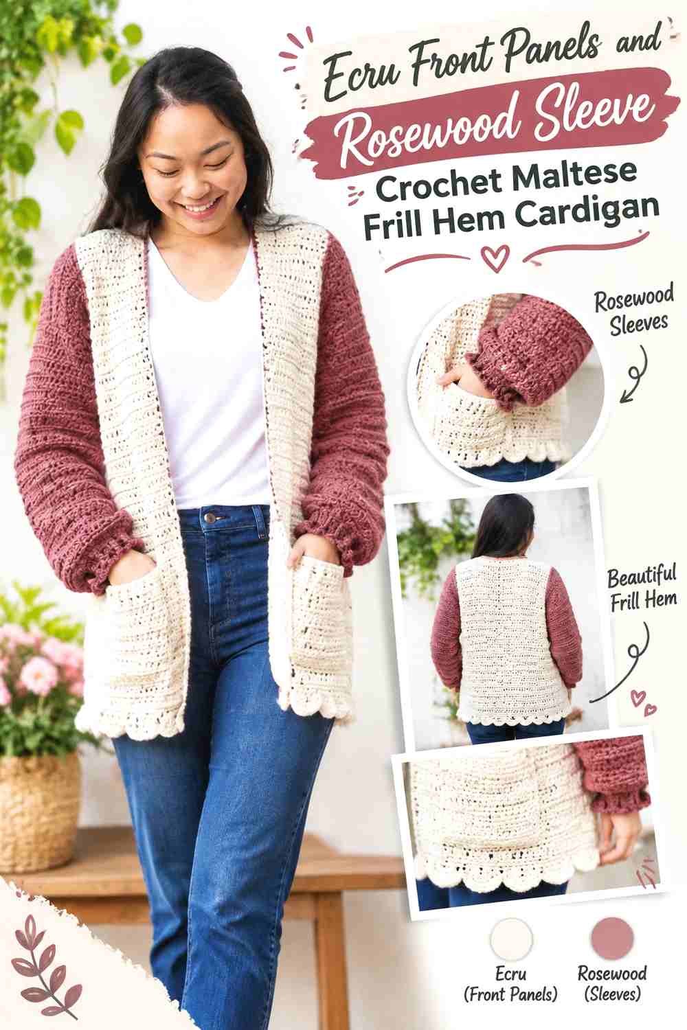 Ecru Front Panels and Rosewood Sleeve Crochet Maltese Frill Hem Cardigan