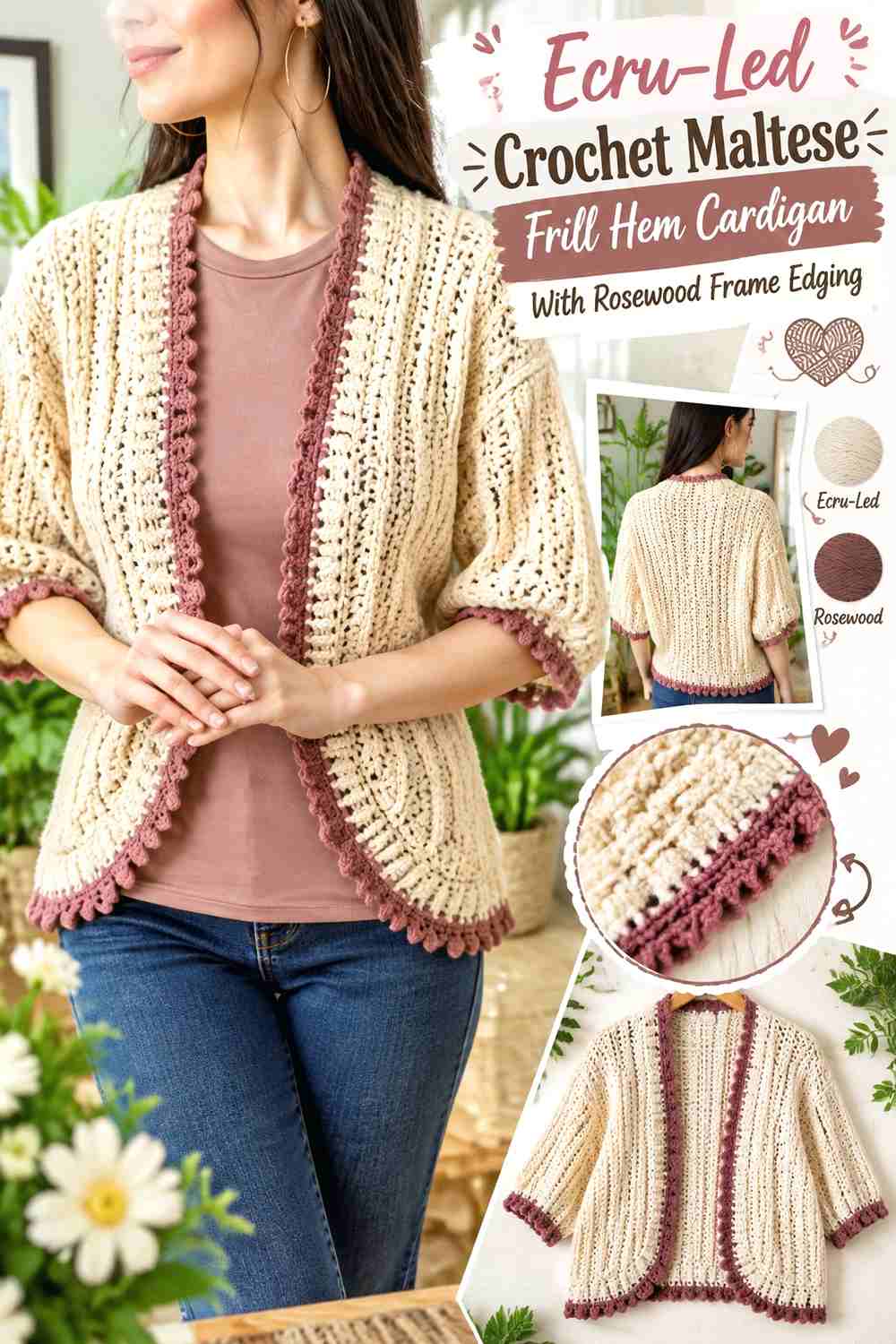 Ecru-Led Crochet Maltese Frill Hem Cardigan With Rosewood Frame Edging