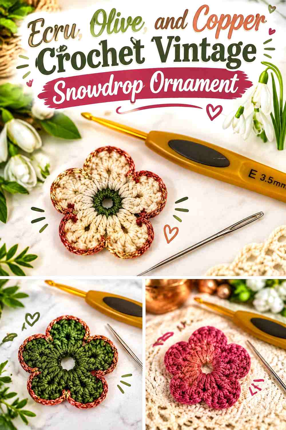 Ecru, Olive, and Copper Crochet Vintage Snowdrop Ornament