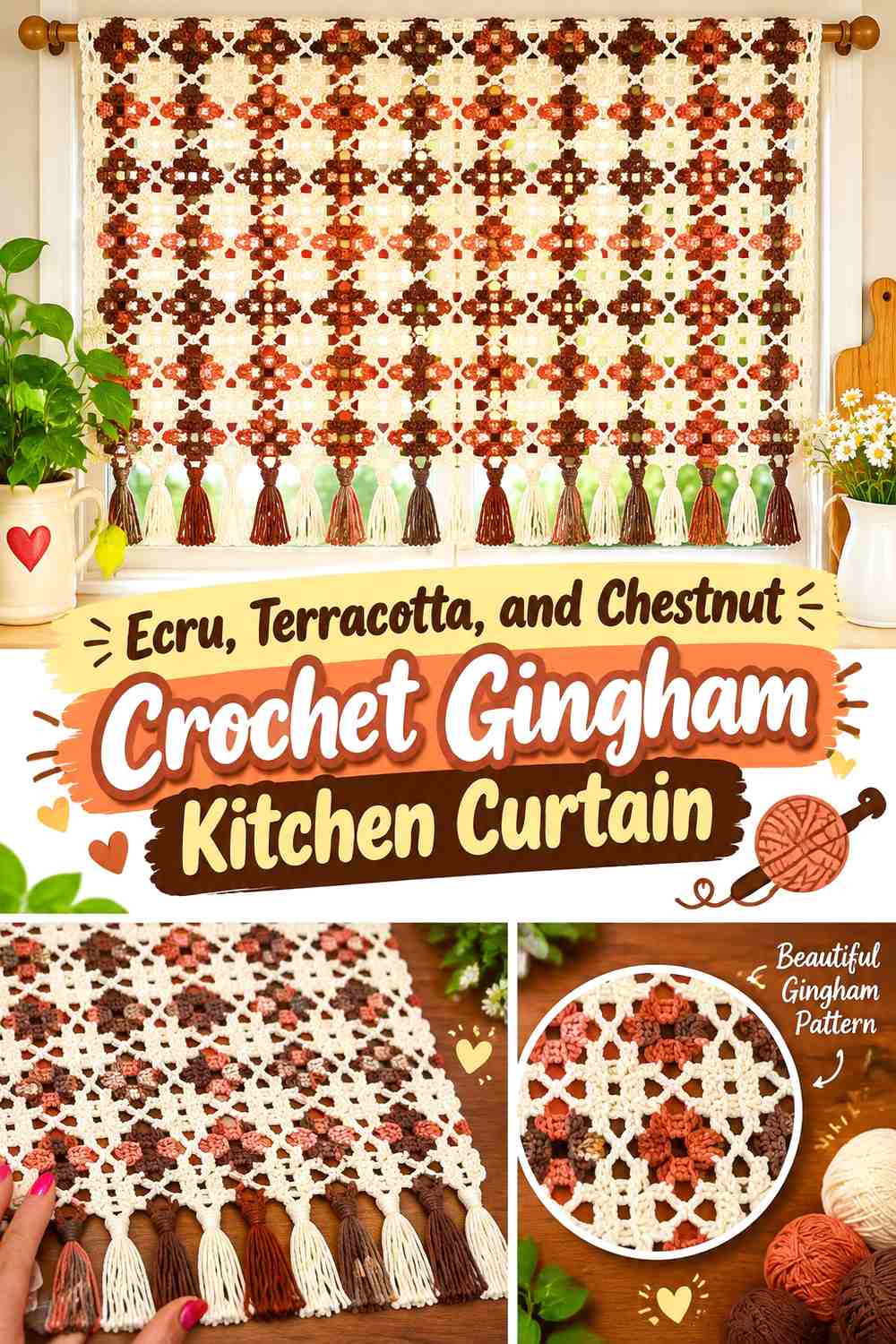 Ecru, Terracotta, and Chestnut Crochet Gingham Kitchen Curtain