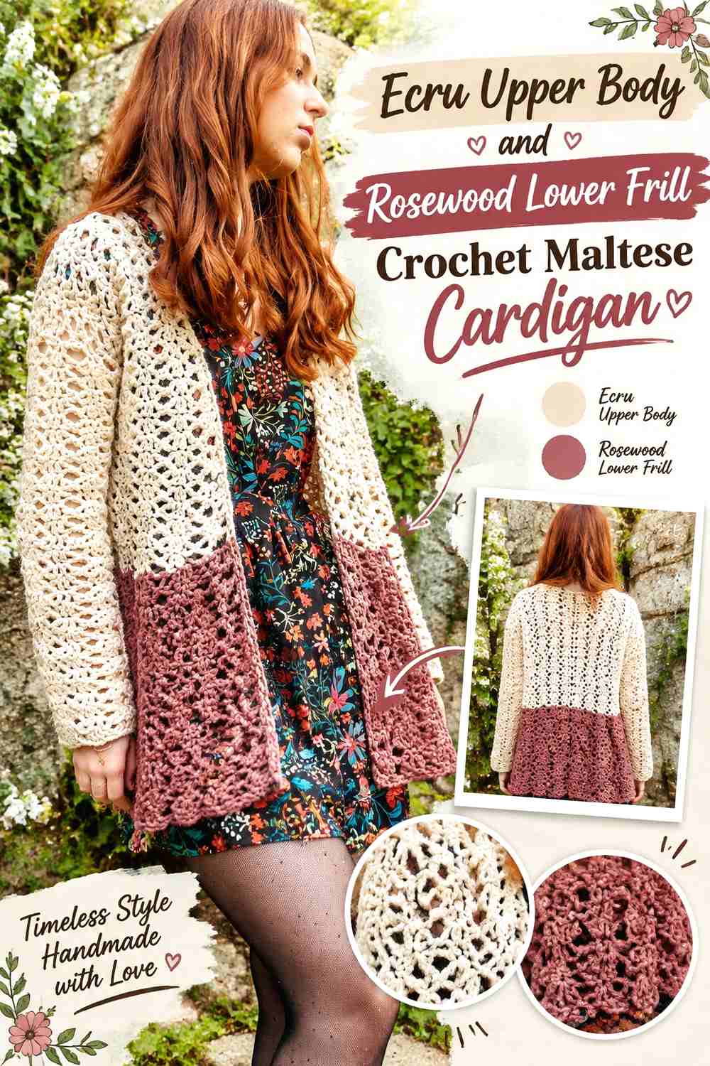 Ecru Upper Body and Rosewood Lower Frill Crochet Maltese Cardigan