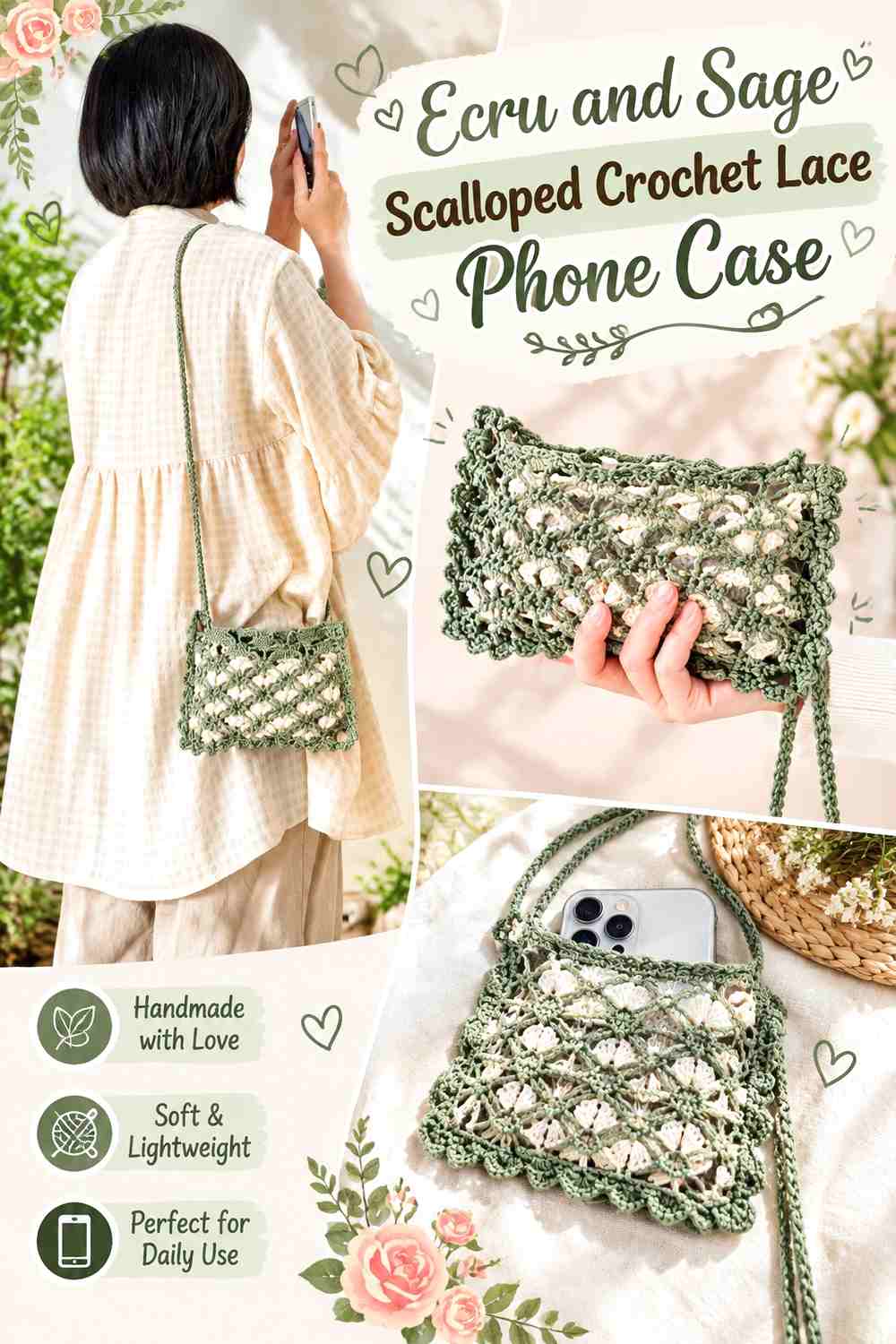 Ecru and Sage Scalloped Crochet Lace Phone Case