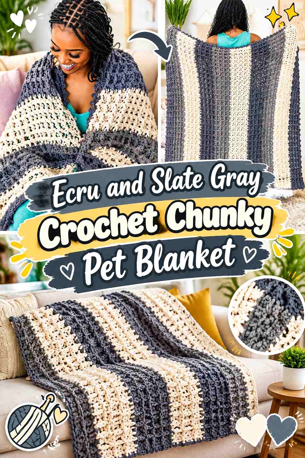 Ecru and Slate Gray Crochet Chunky Pet Blanket