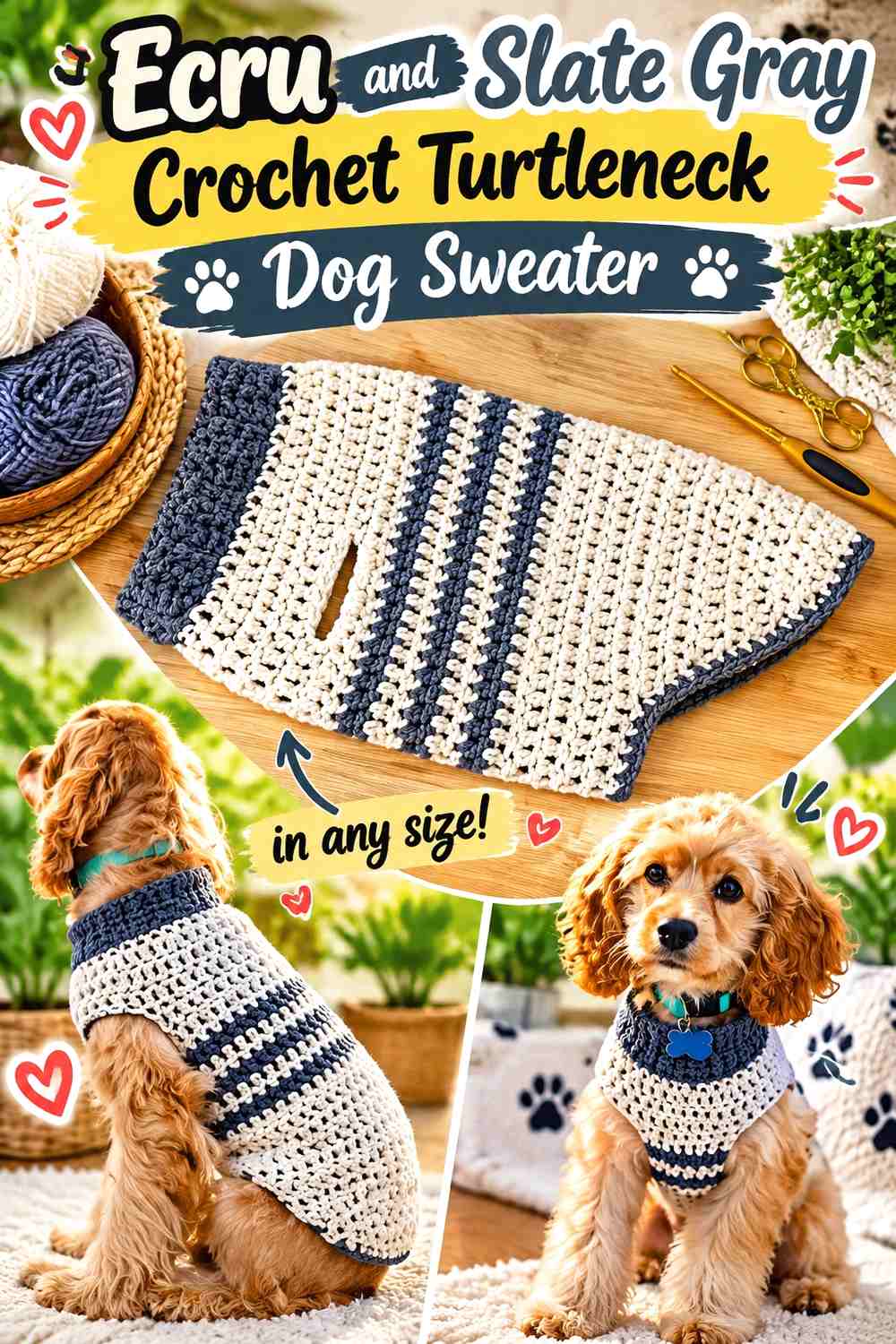 Ecru and Slate Gray Crochet Turtleneck Dog Sweater