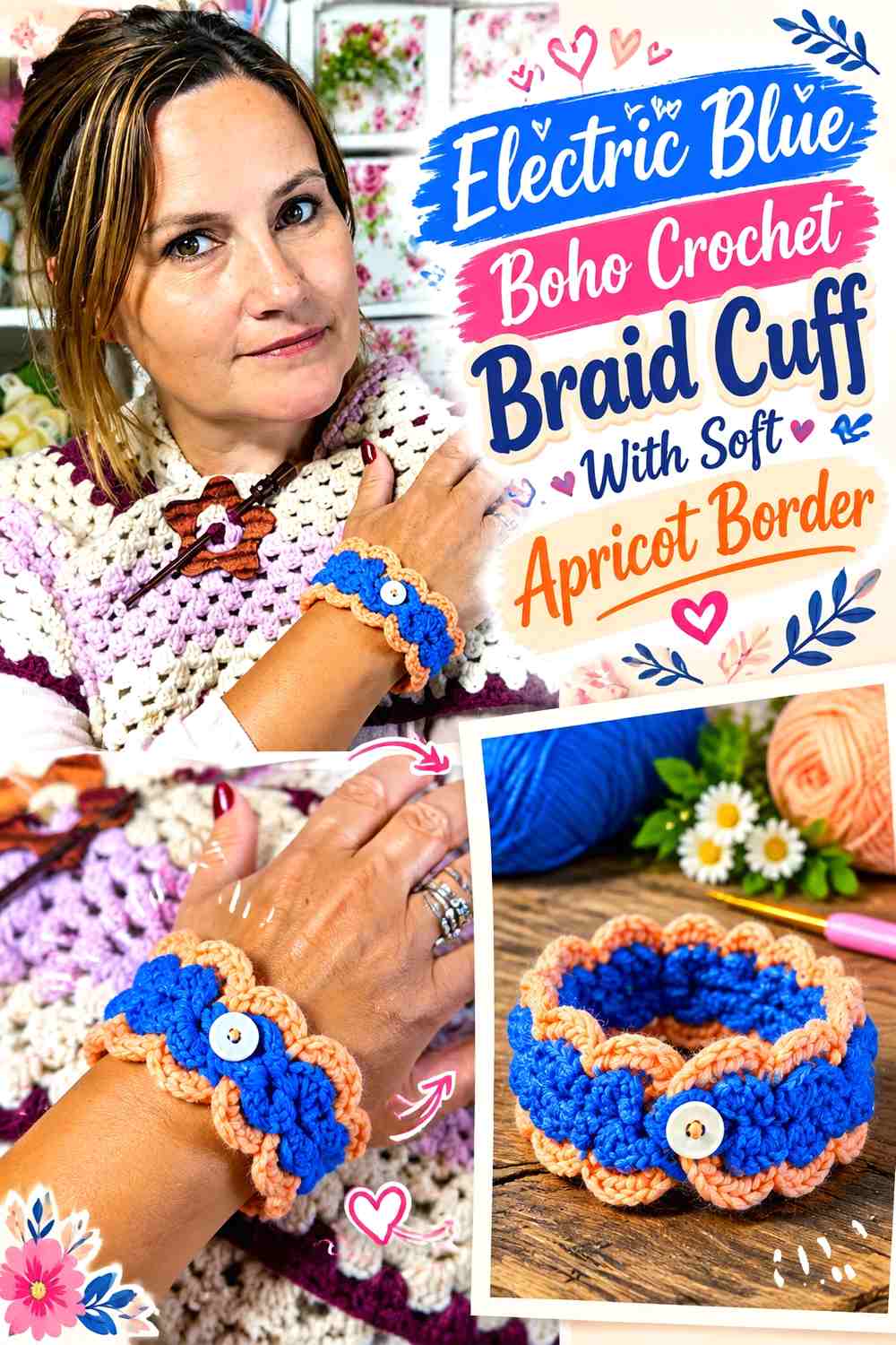Electric Blue Boho Crochet Braid Cuff With Soft Apricot Border