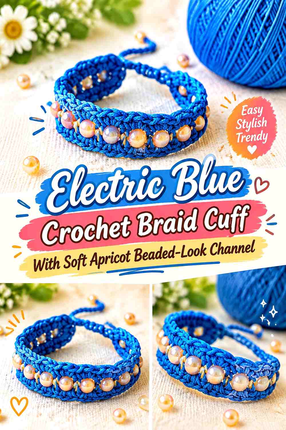 Electric Blue Crochet Braid Cuff With Soft Apricot Beaded Look Channel