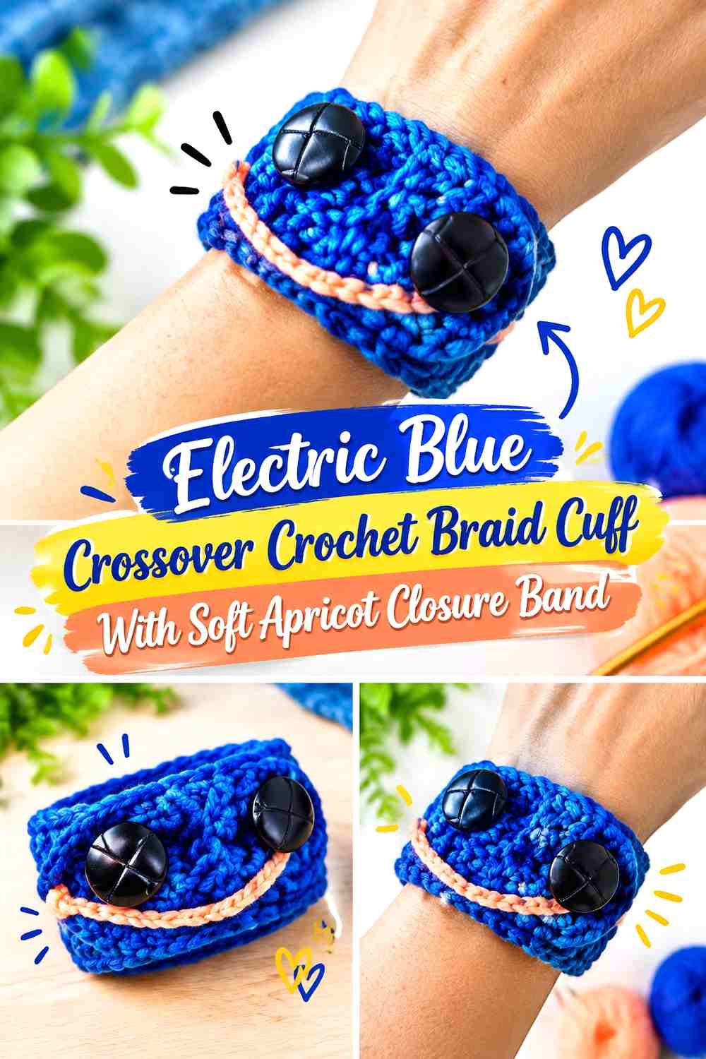Electric Blue Crossover Crochet Braid Cuff With Soft Apricot Closure Band