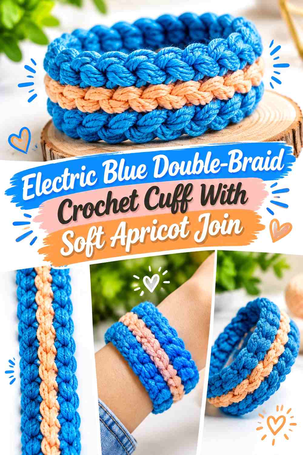 Electric Blue Double Braid Crochet Cuff With Soft Apricot Join