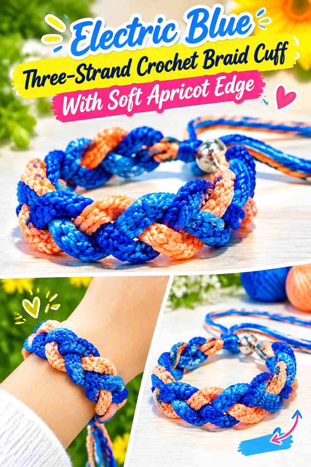 Electric Blue Three Strand Crochet Braid Cuff With Soft Apricot Edge
