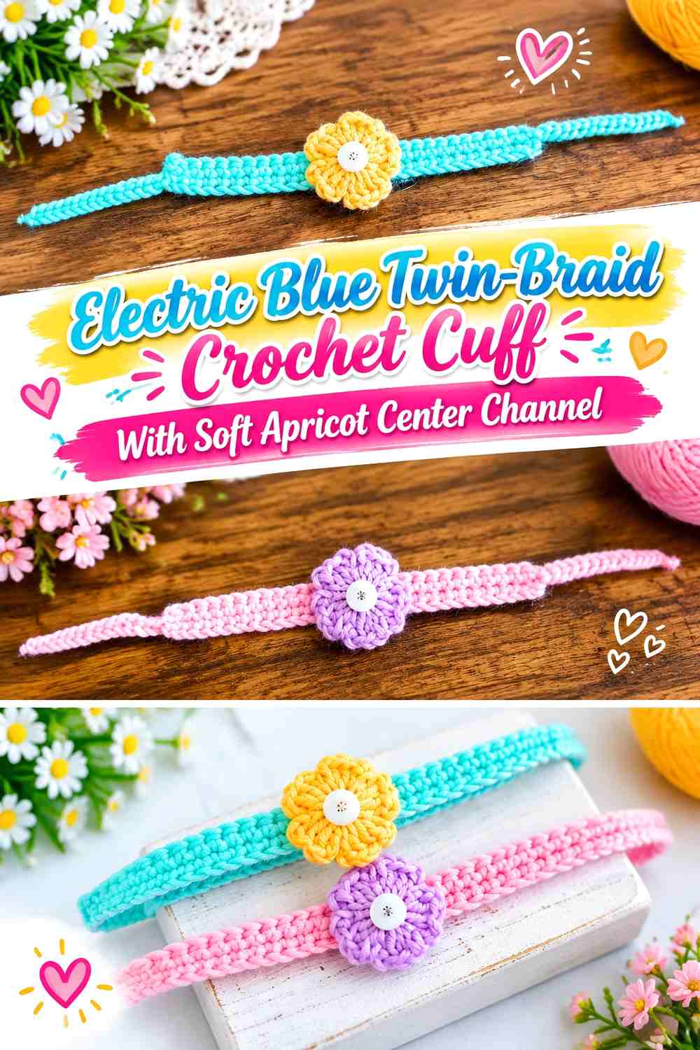 Electric Blue Twin Braid Crochet Cuff With Soft Apricot Center Channel
