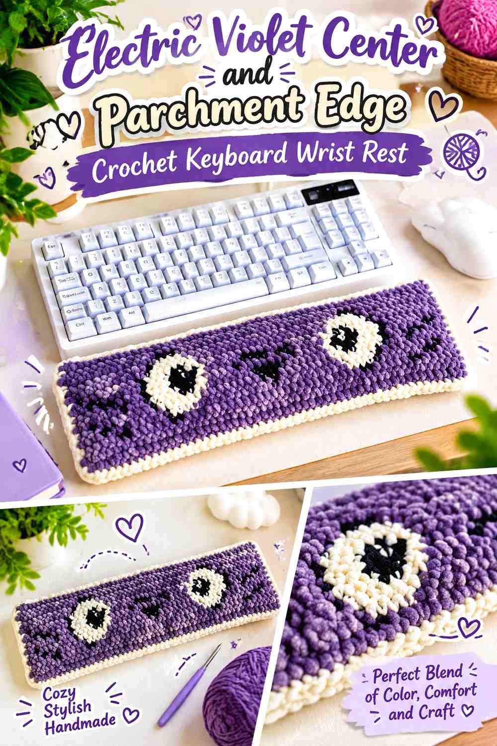 1. Electric Violet Center And Parchment Edge Crochet Keyboard Wrist Rest