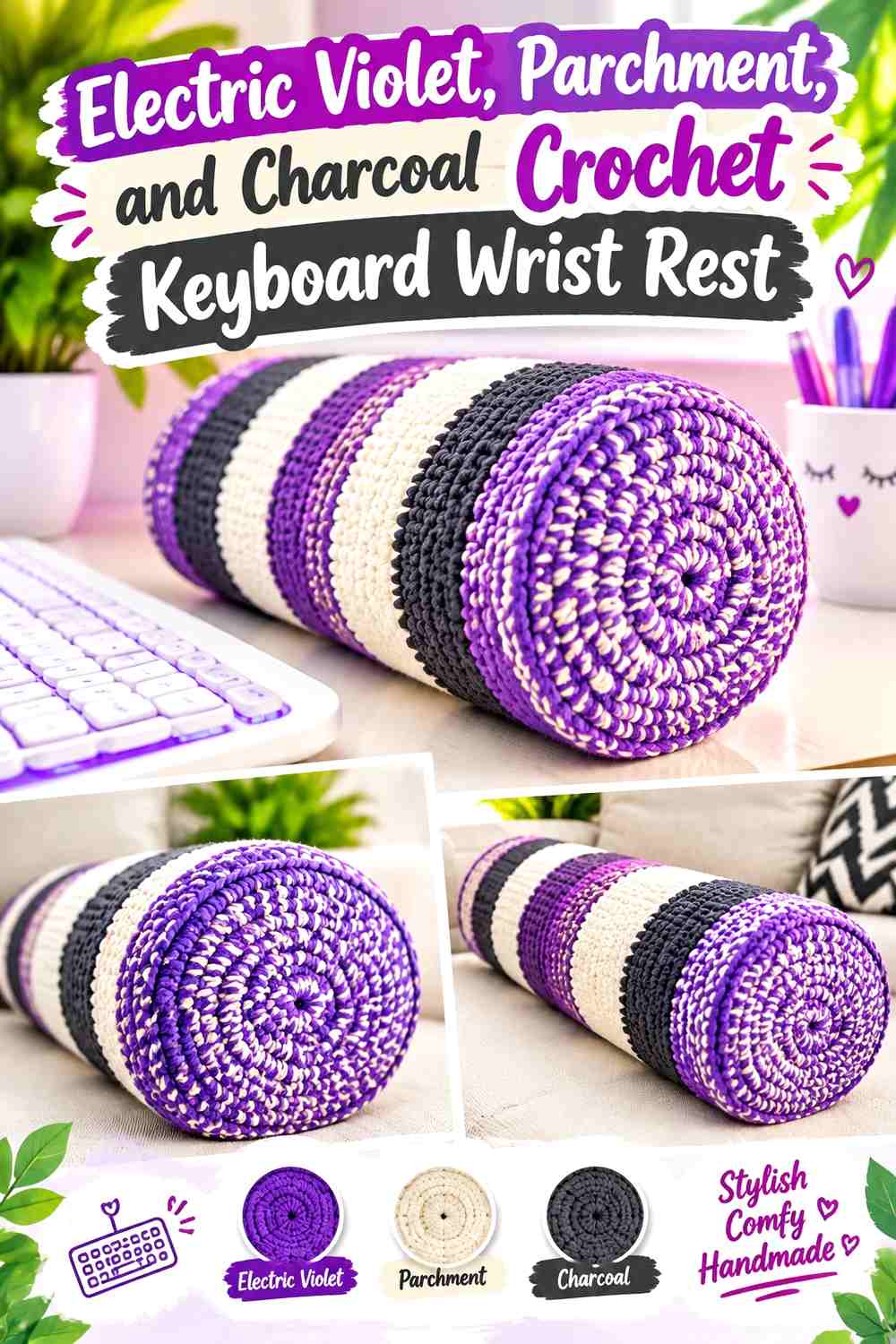 14. Electric Violet Parchment And Charcoal Crochet Keyboard Wrist Rest