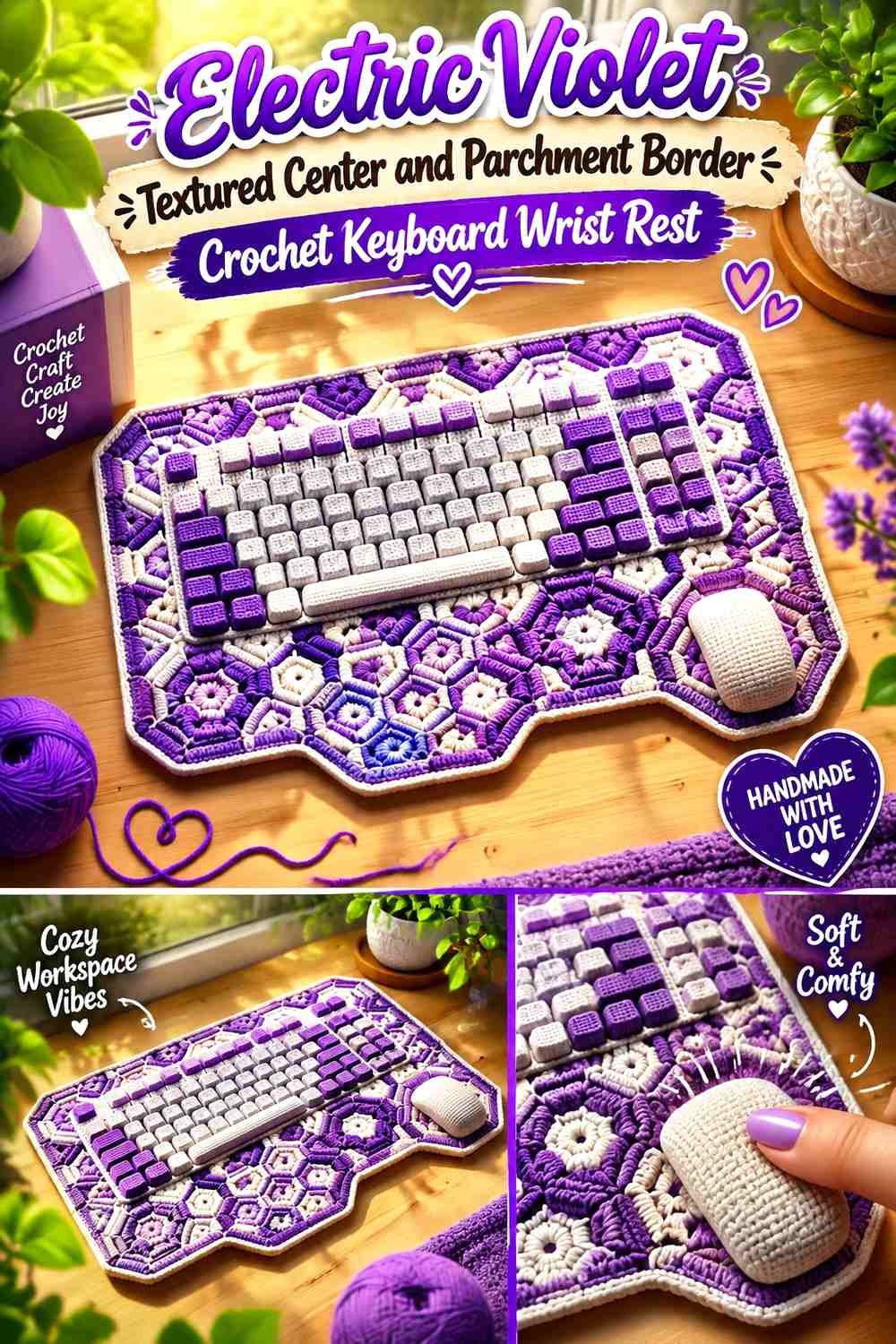 9. Electric Violet Textured Center And Parchment Border Crochet Keyboard Wrist Rest