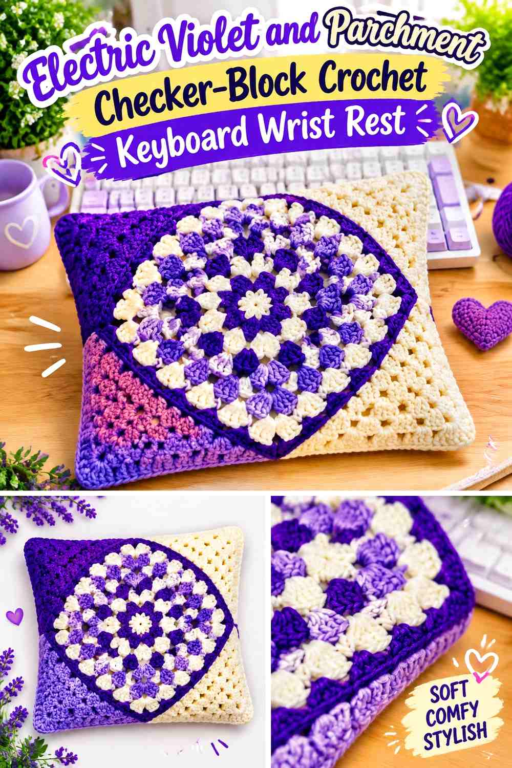 16. Electric Violet And Parchment Checker Block Crochet Keyboard Wrist Rest