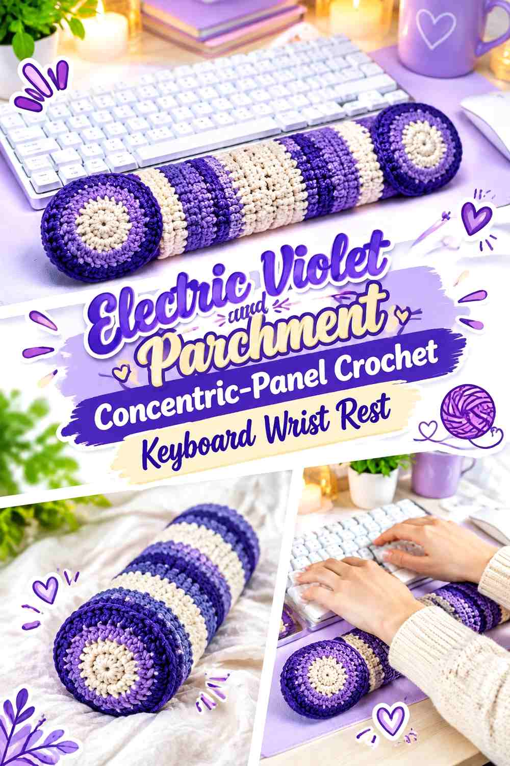 10. Electric Violet And Parchment Concentric Panel Crochet Keyboard Wrist Rest
