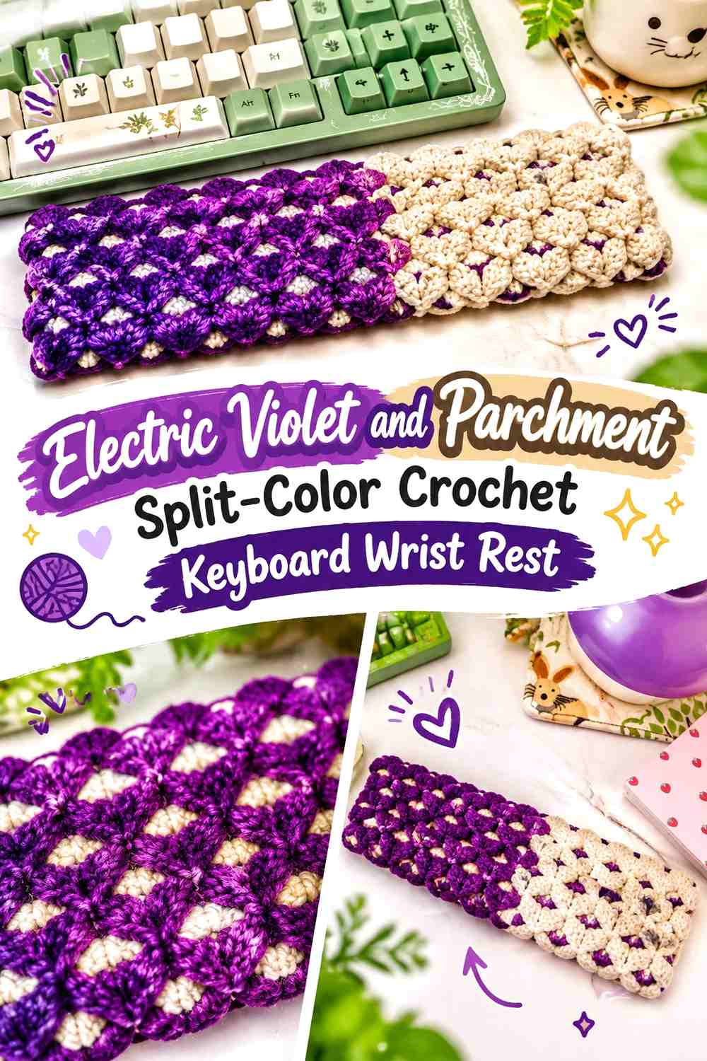 3. Electric Violet And Parchment Split Color Crochet Keyboard Wrist Rest
