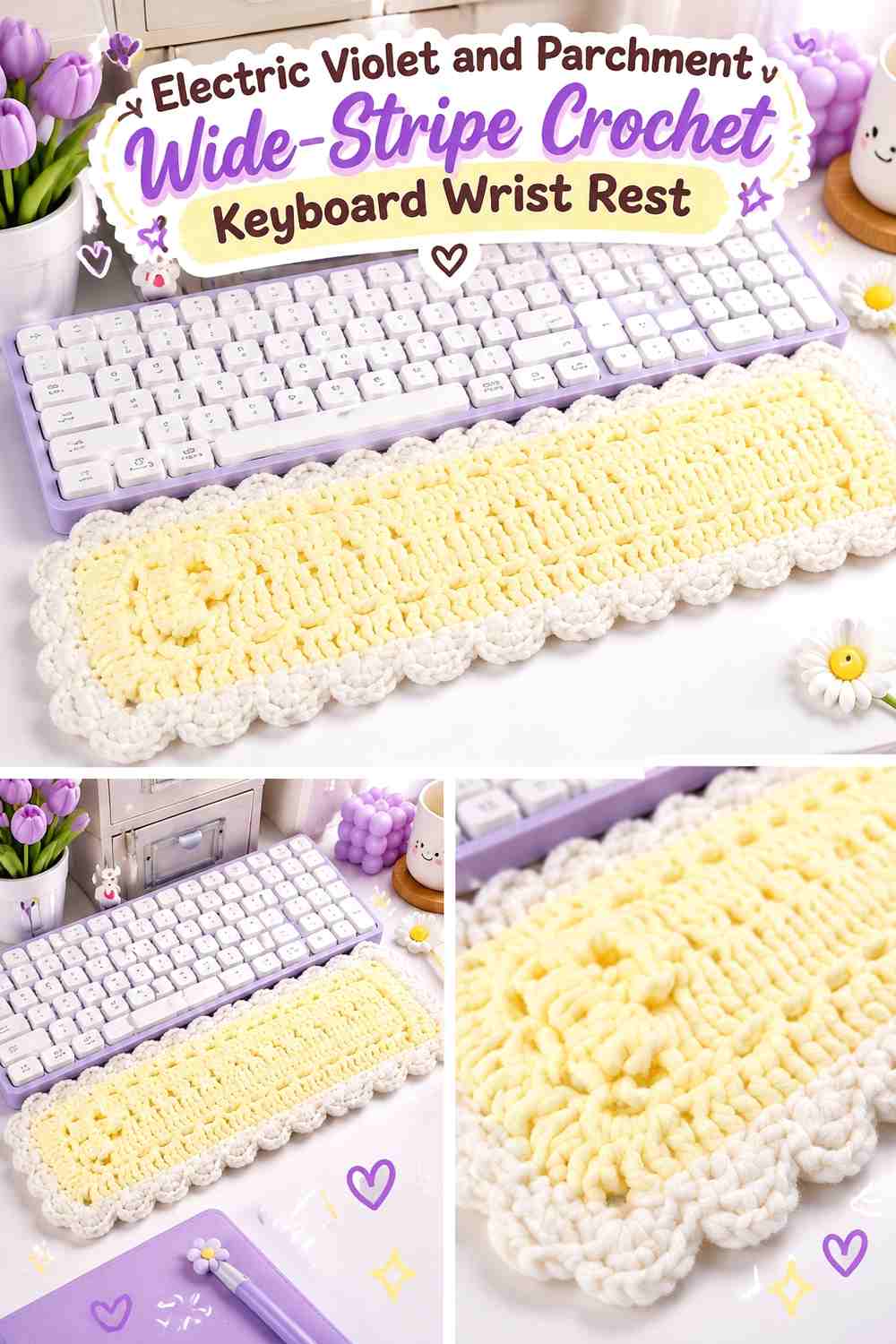 7. Electric Violet And Parchment Wide Stripe Crochet Keyboard Wrist Rest