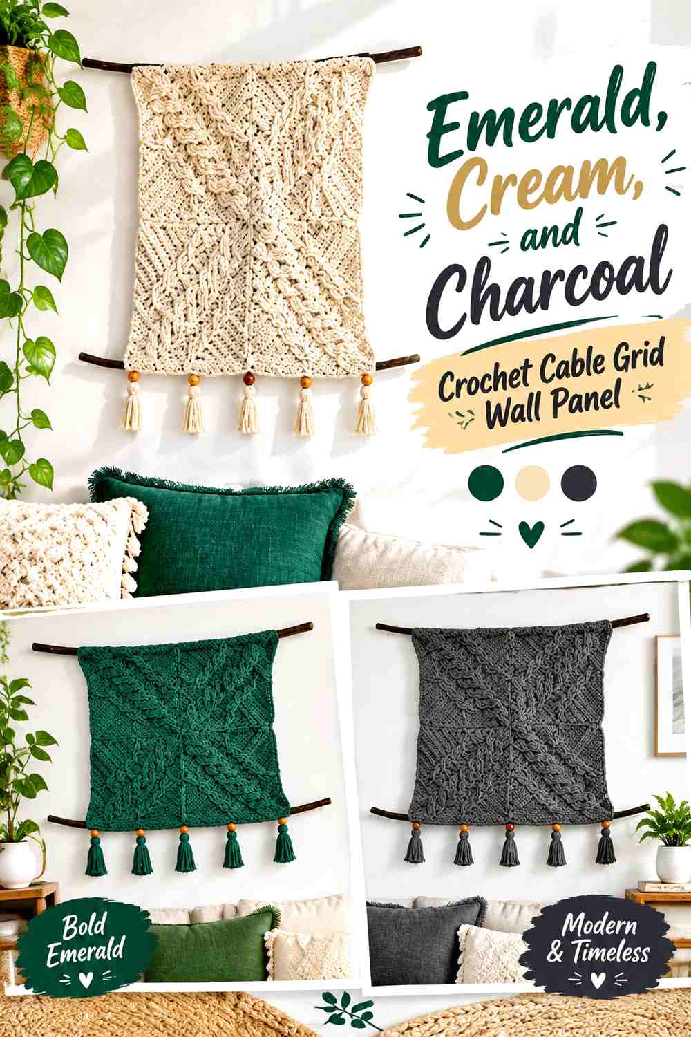 Emerald, Cream, and Charcoal Crochet Cable Grid Wall Panel