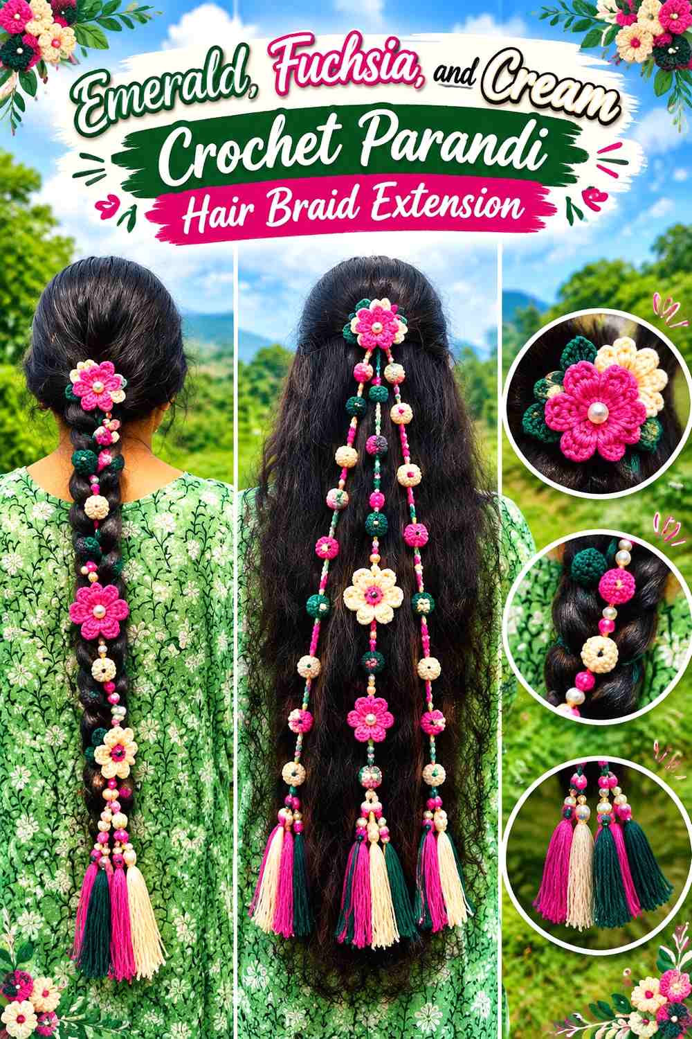 Emerald, Fuchsia, and Cream Crochet Parandi Hair Braid Extension
