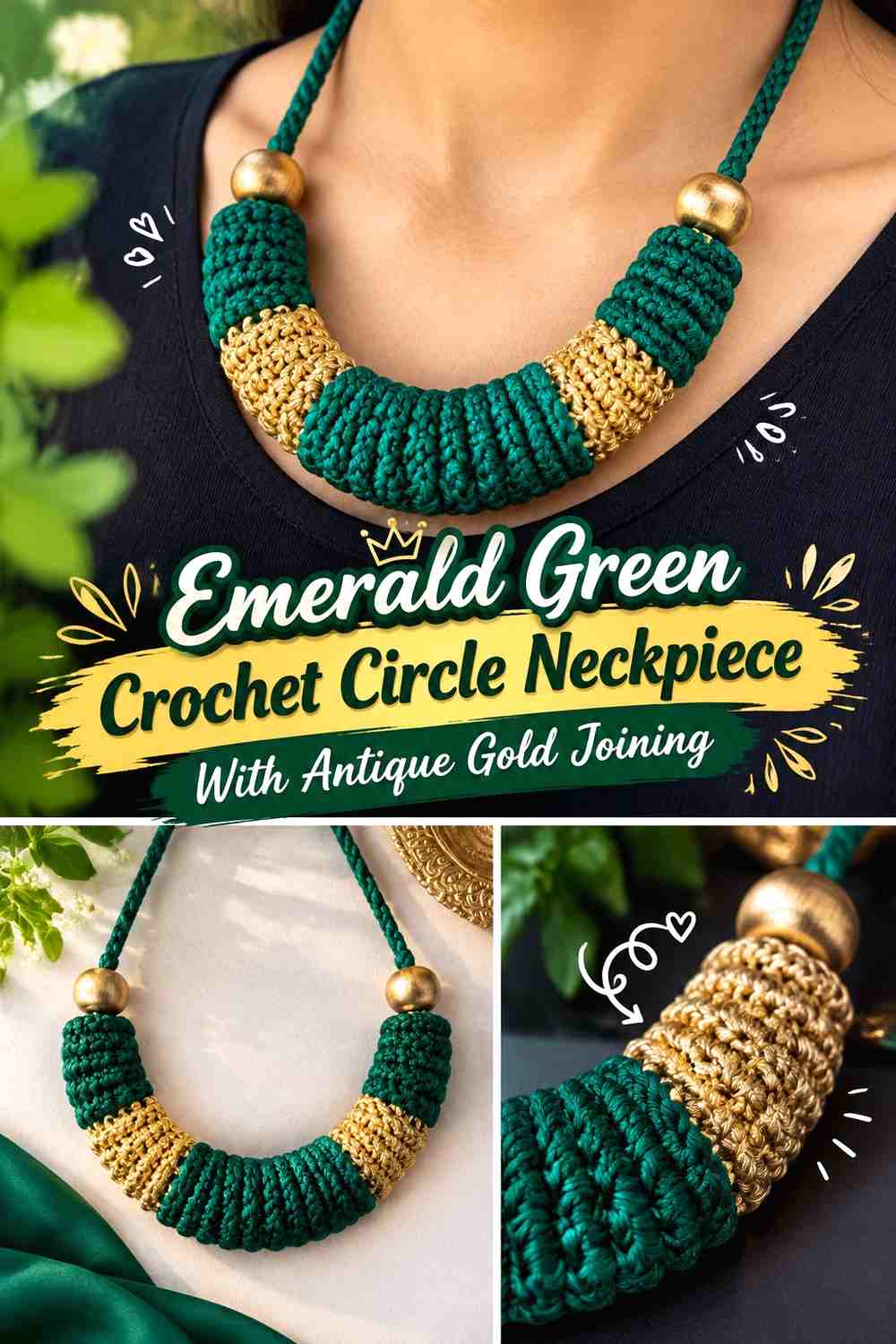 Emerald Green Crochet Circle Neckpiece With Antique Gold Joining