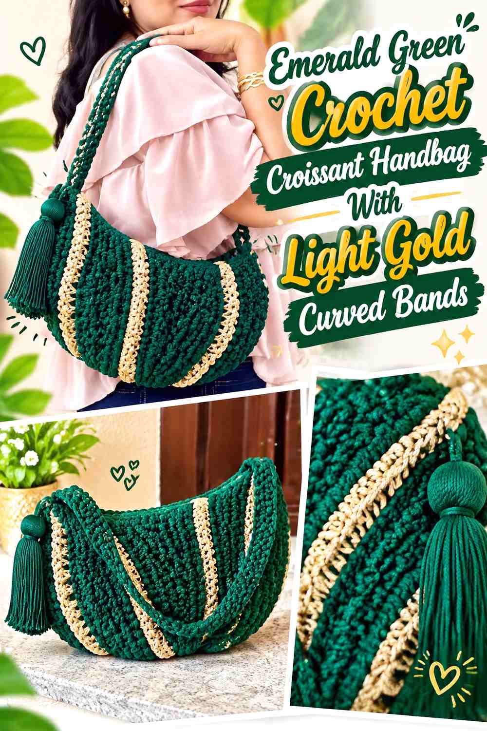 Emerald Green Crochet Croissant Handbag With Light Gold Curved Bands