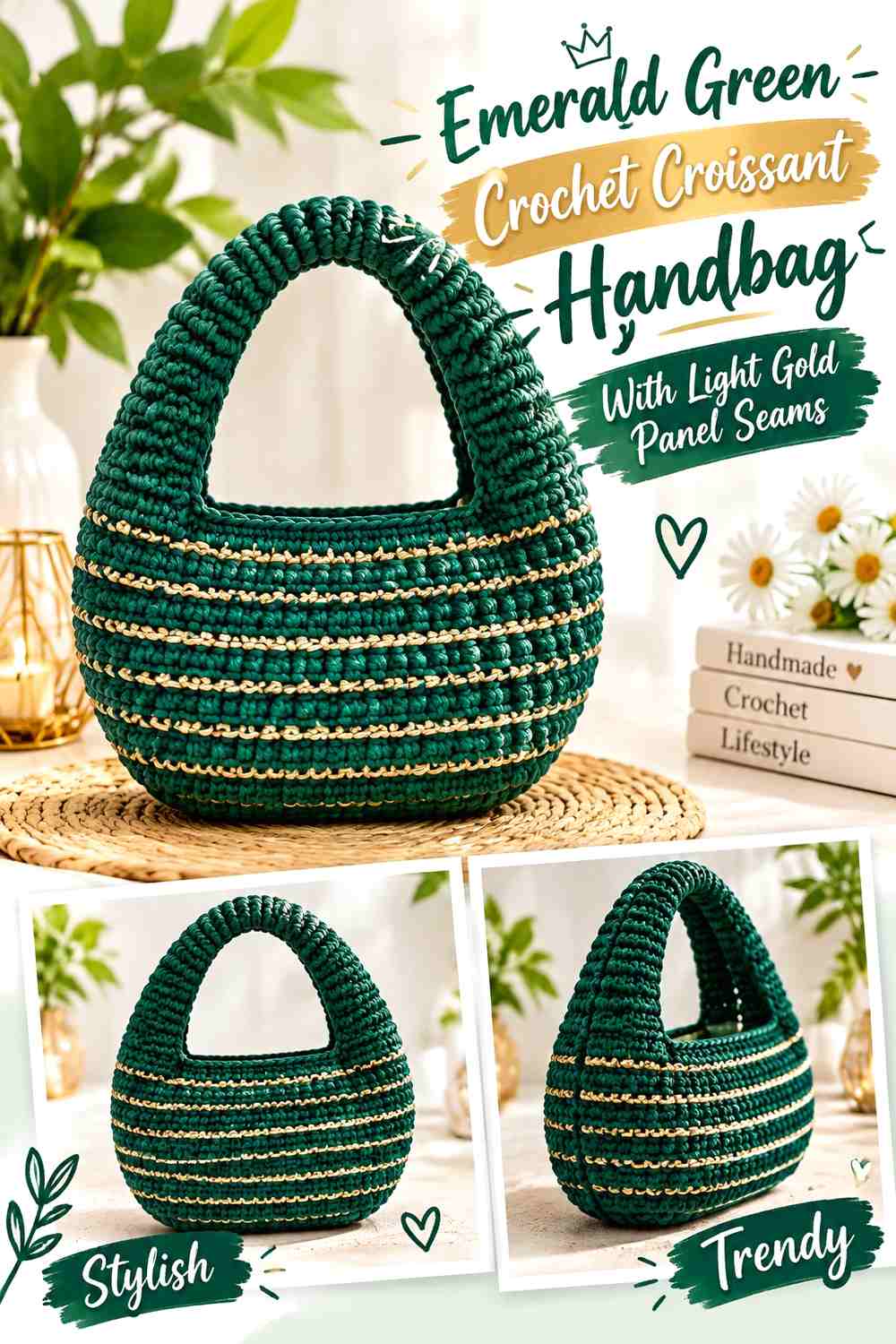 Emerald Green Crochet Croissant Handbag With Light Gold Panel Seams
