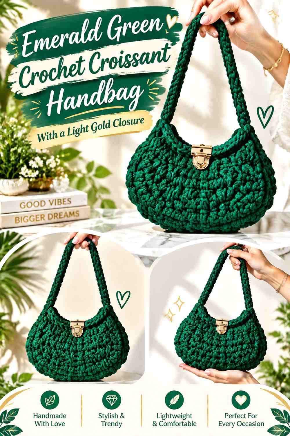 Emerald Green Crochet Croissant Handbag With a Light Gold Closure