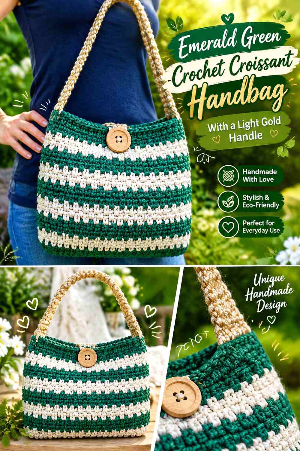 Emerald Green Crochet Croissant Handbag With a Light Gold Handle