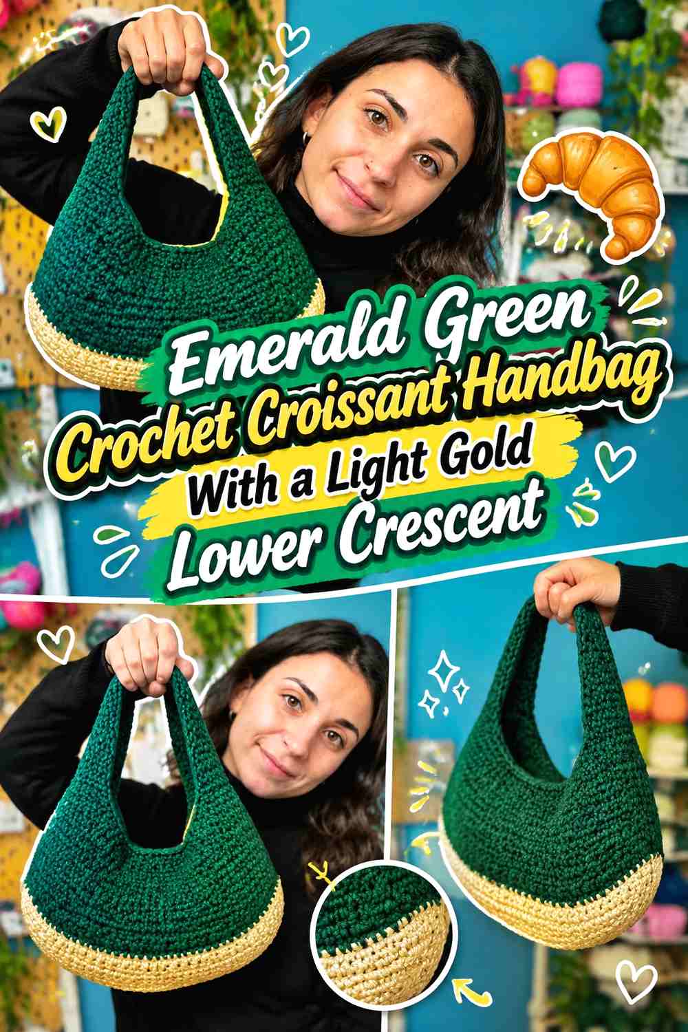 Emerald Green Crochet Croissant Handbag With a Light Gold Lower Crescent
