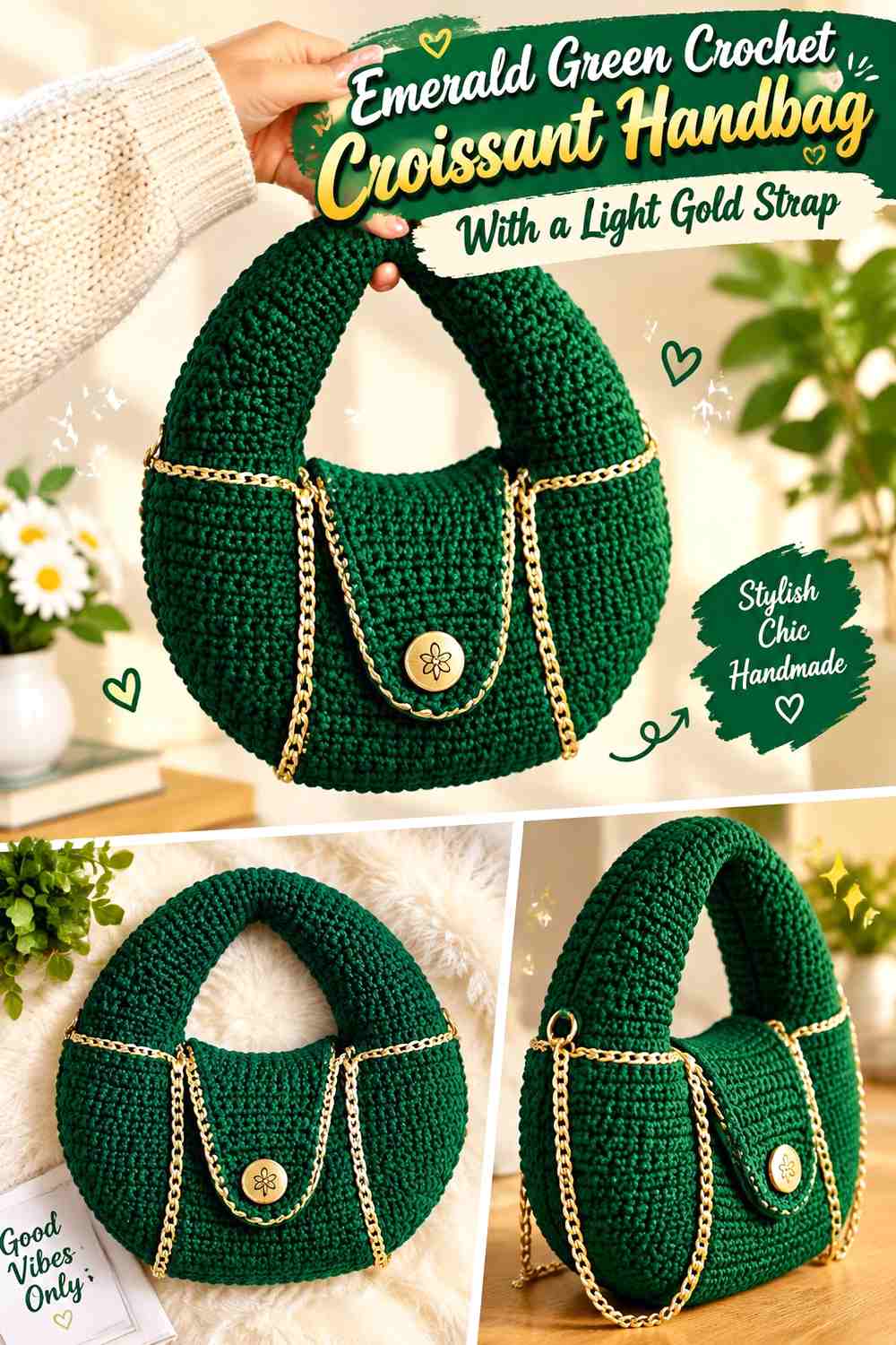 Emerald Green Crochet Croissant Handbag With a Light Gold Strap