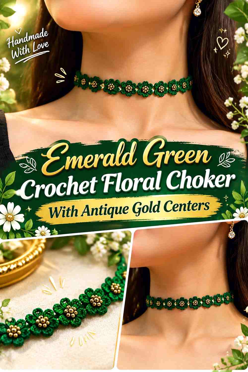 Emerald Green Crochet Floral Choker With Antique Gold Centers