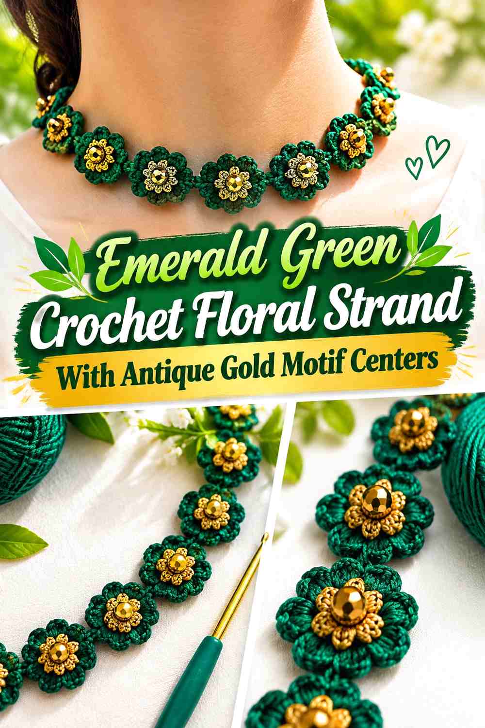 Emerald Green Crochet Floral Strand With Antique Gold Motif Centers