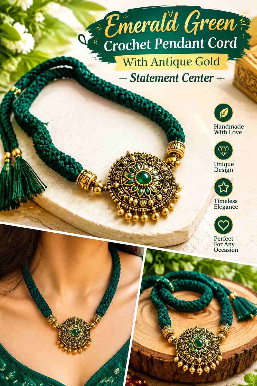 Emerald Green Crochet Pendant Cord With Antique Gold Statement Center