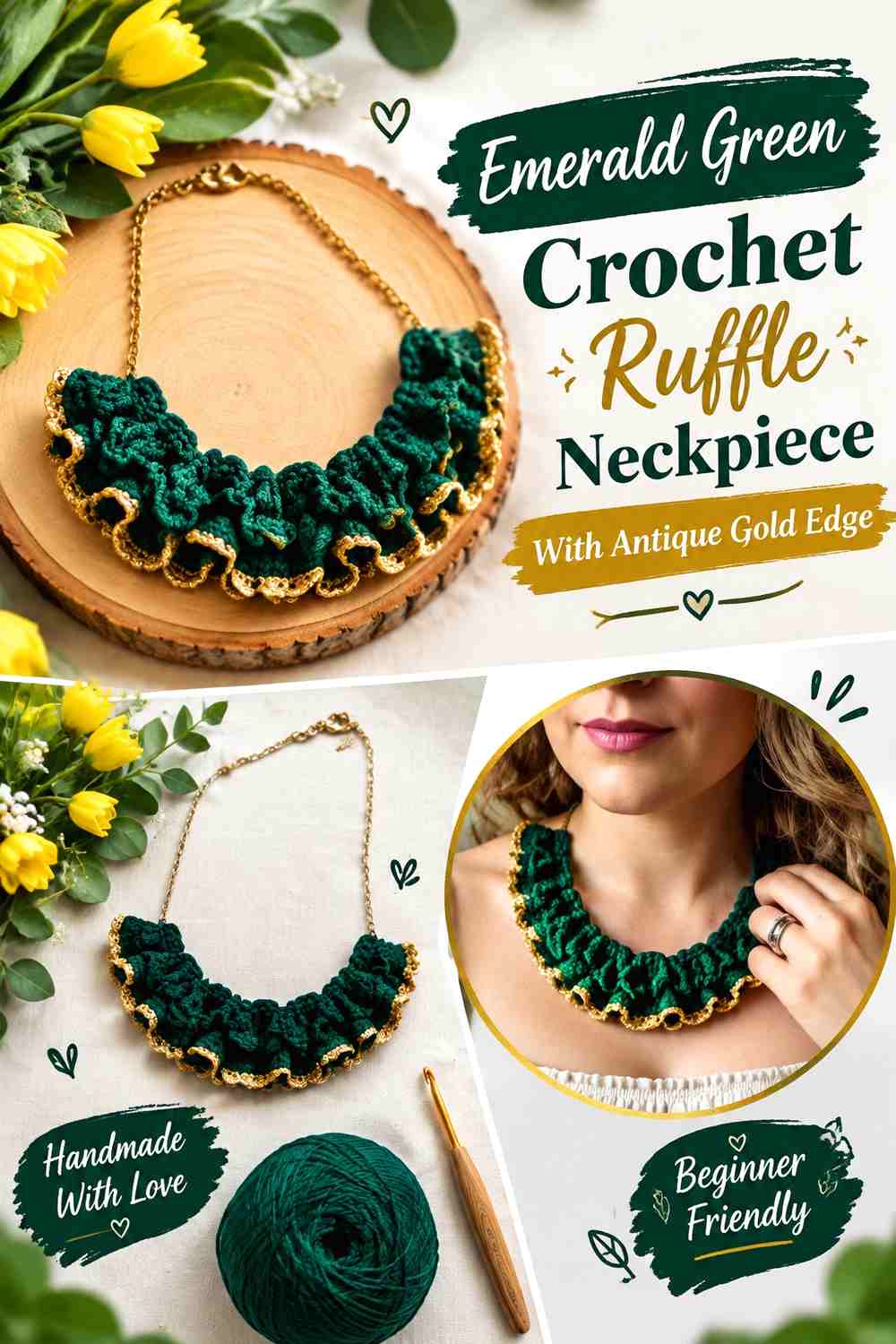 Emerald Green Crochet Ruffle Neckpiece With Antique Gold Edge