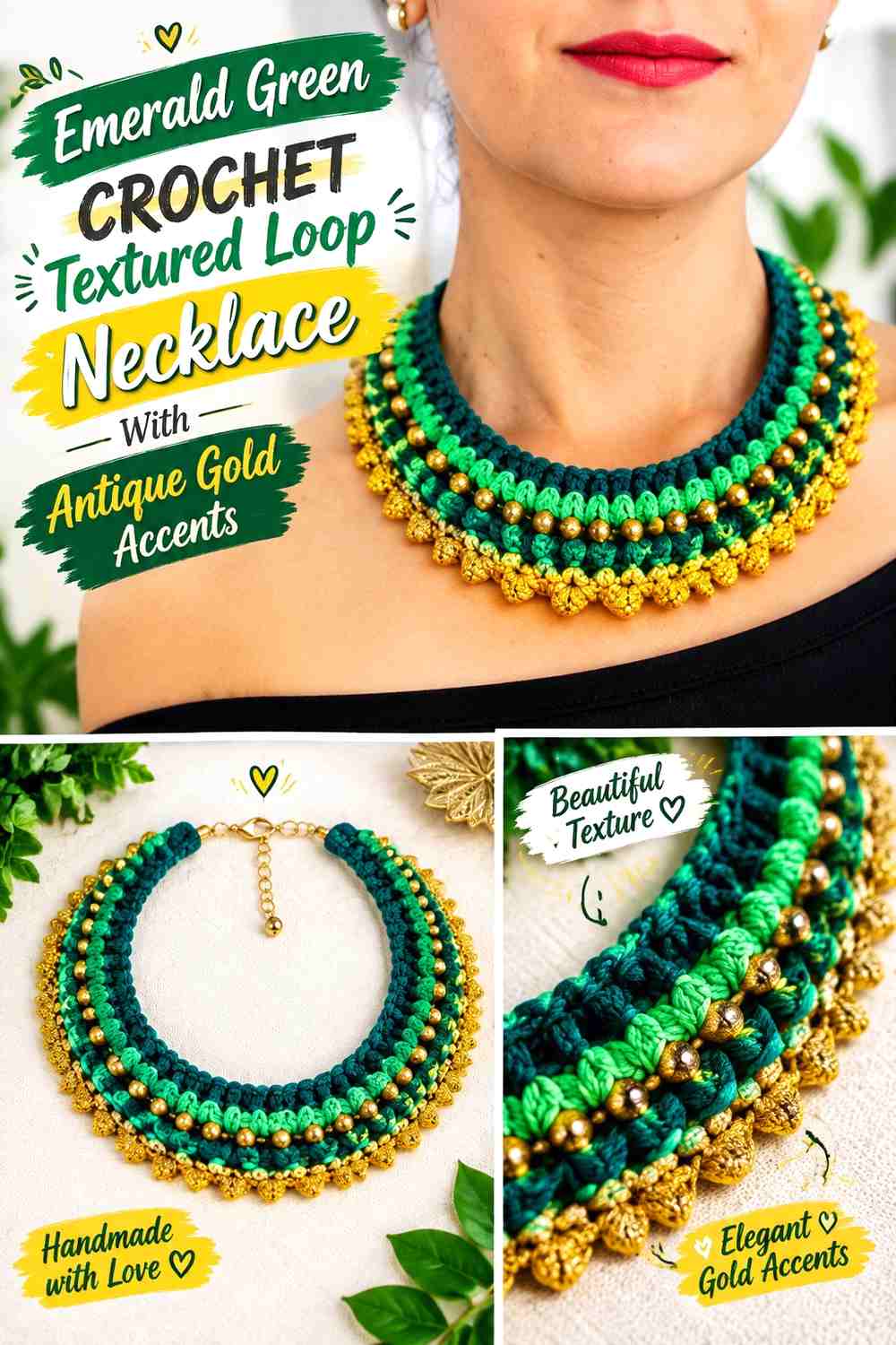 Emerald Green Crochet Textured Loop Necklace With Antique Gold Accents