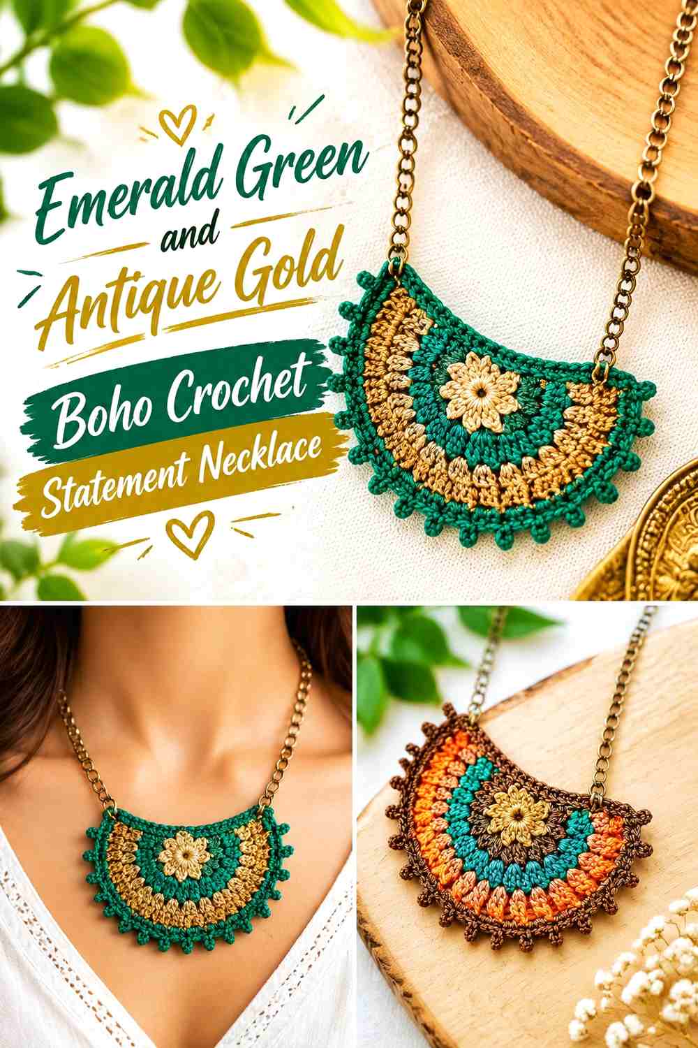 Emerald Green and Antique Gold Boho Crochet Statement Necklace