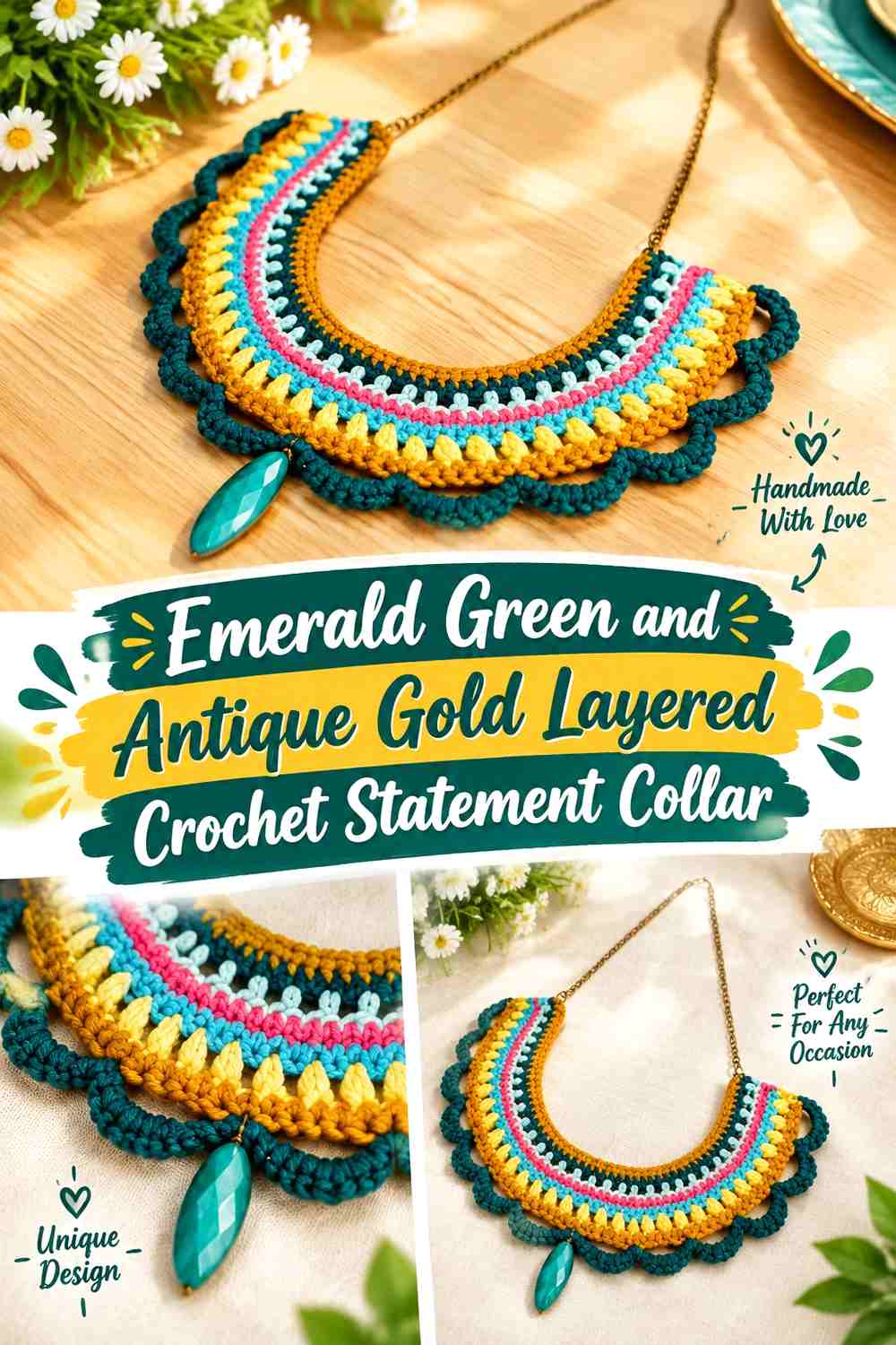 Emerald Green and Antique Gold Layered Crochet Statement Collar